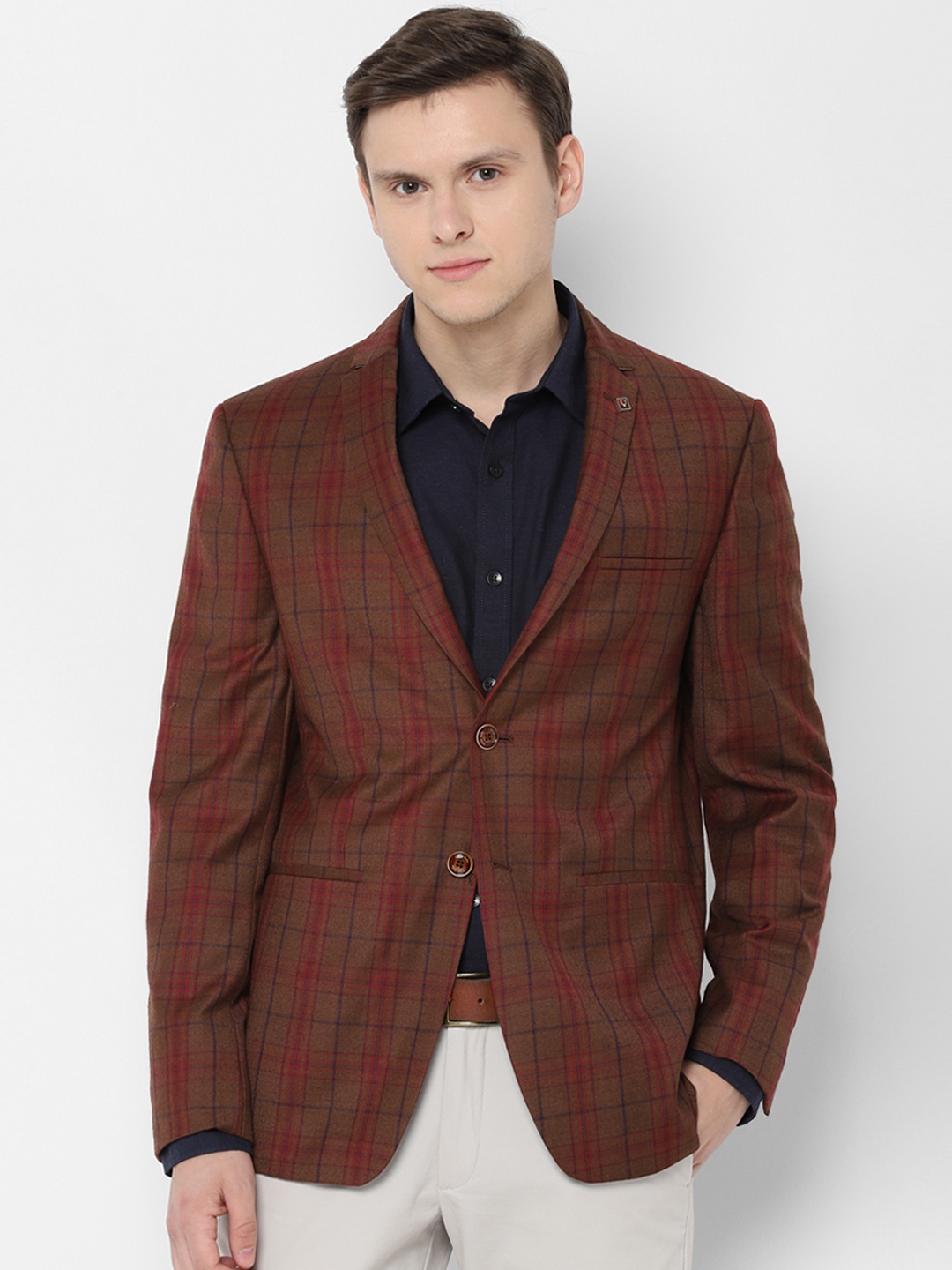

Allen Solly Men Brown Checked Slim-Fit Single-Breasted Pure Wool Blazer