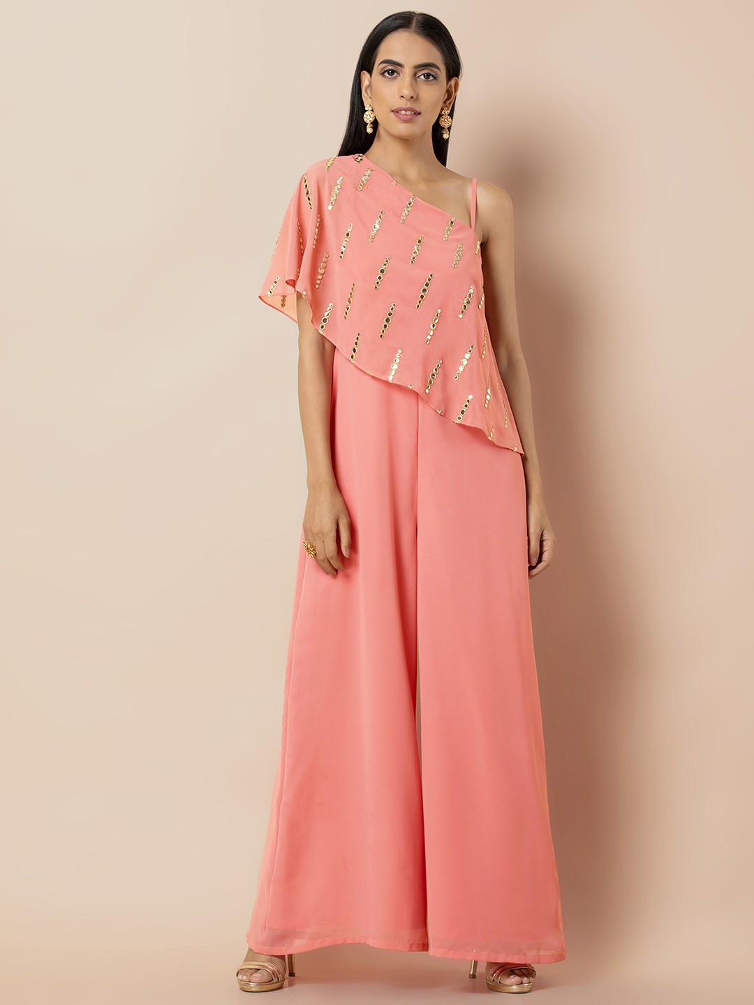 

INDYA Women Peach-Coloured Self Design Basic Jumpsuit