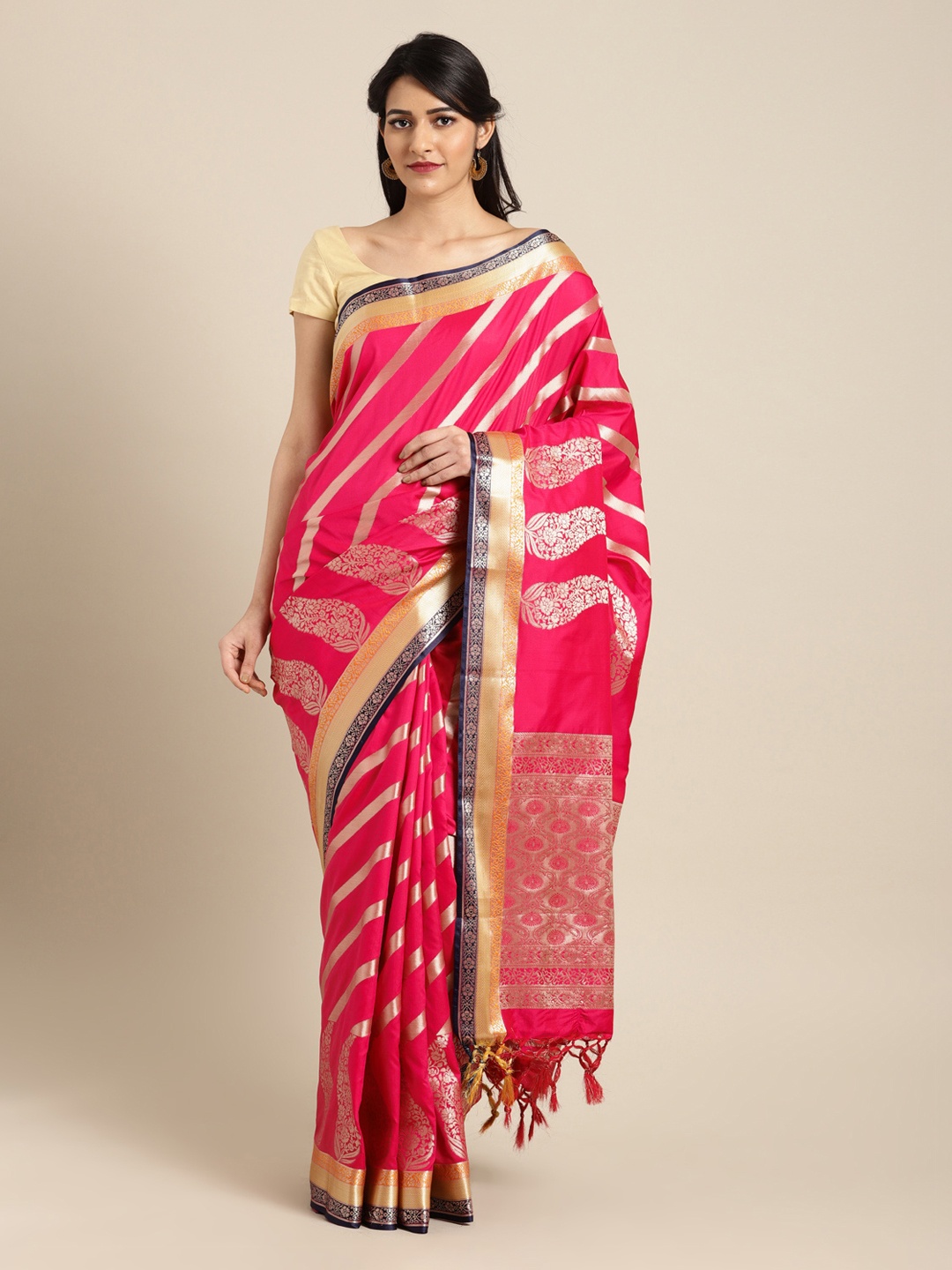 

Mitera Pink & Gold-Toned Silk Blend Striped Kanjeevaram Saree
