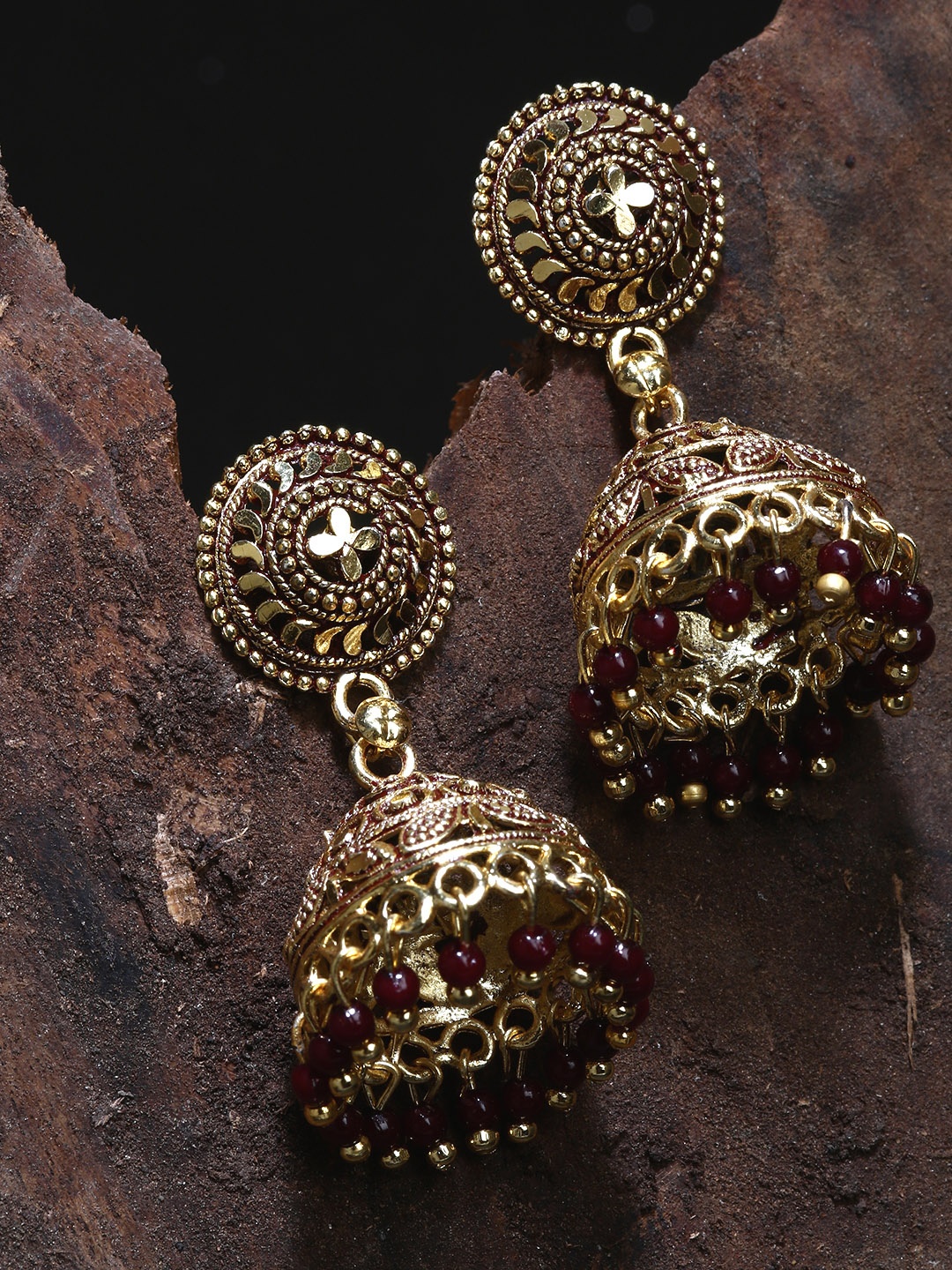 

ANIKAS CREATION Maroon & Gold-Plated Enamelled Dome Shaped Jhumkas