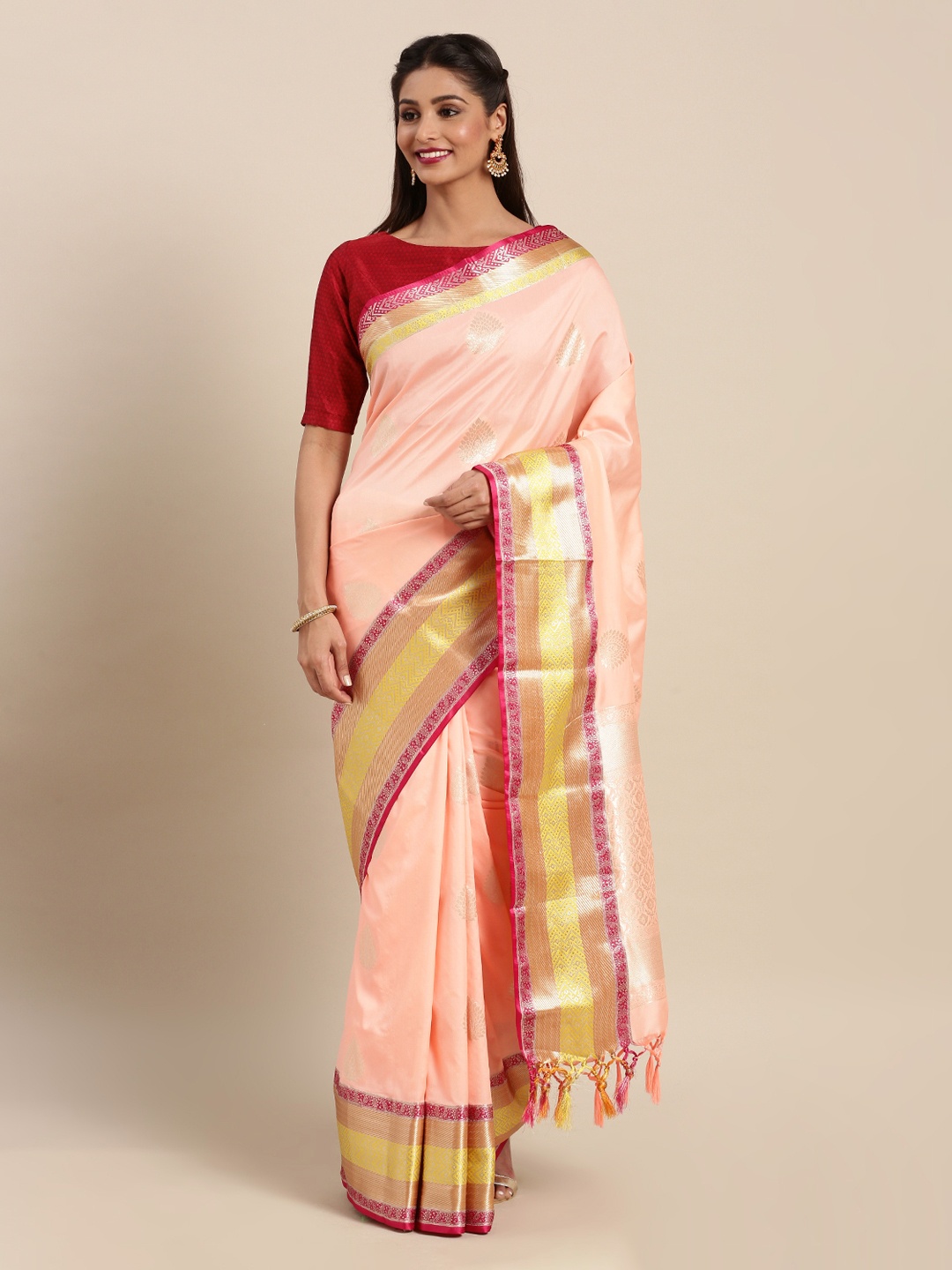 

Mitera Peach-Coloured Silk Blend Woven Design Kanjeevaram Saree