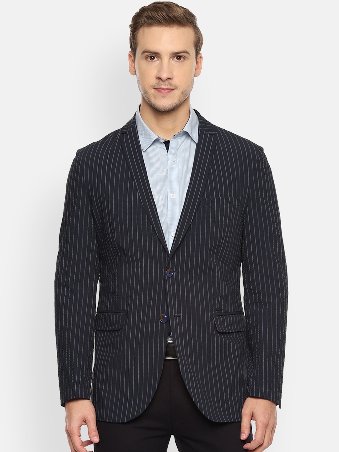 

Van Heusen Men Navy Blue Striped Slim-Fit Single-Breasted Blazer