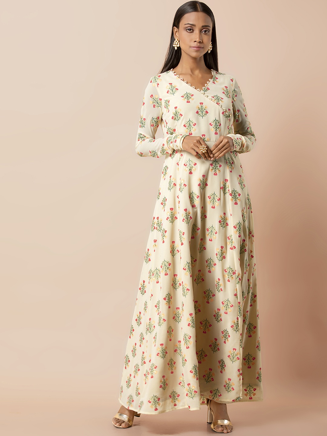 

INDYA Women Cream-Coloured & Green Floral Print A-Line Ethnic Dress