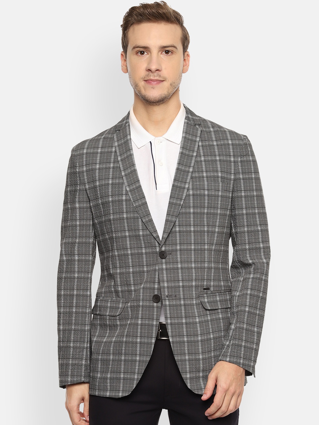 

Van Heusen Men Grey Checked Slim-Fit Single-Breasted Blazer