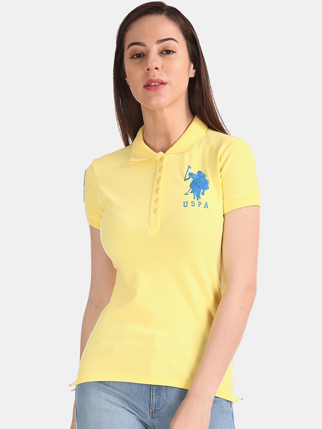 

U.S. Polo Assn. Women Yellow Solid Polo Collar T-shirt