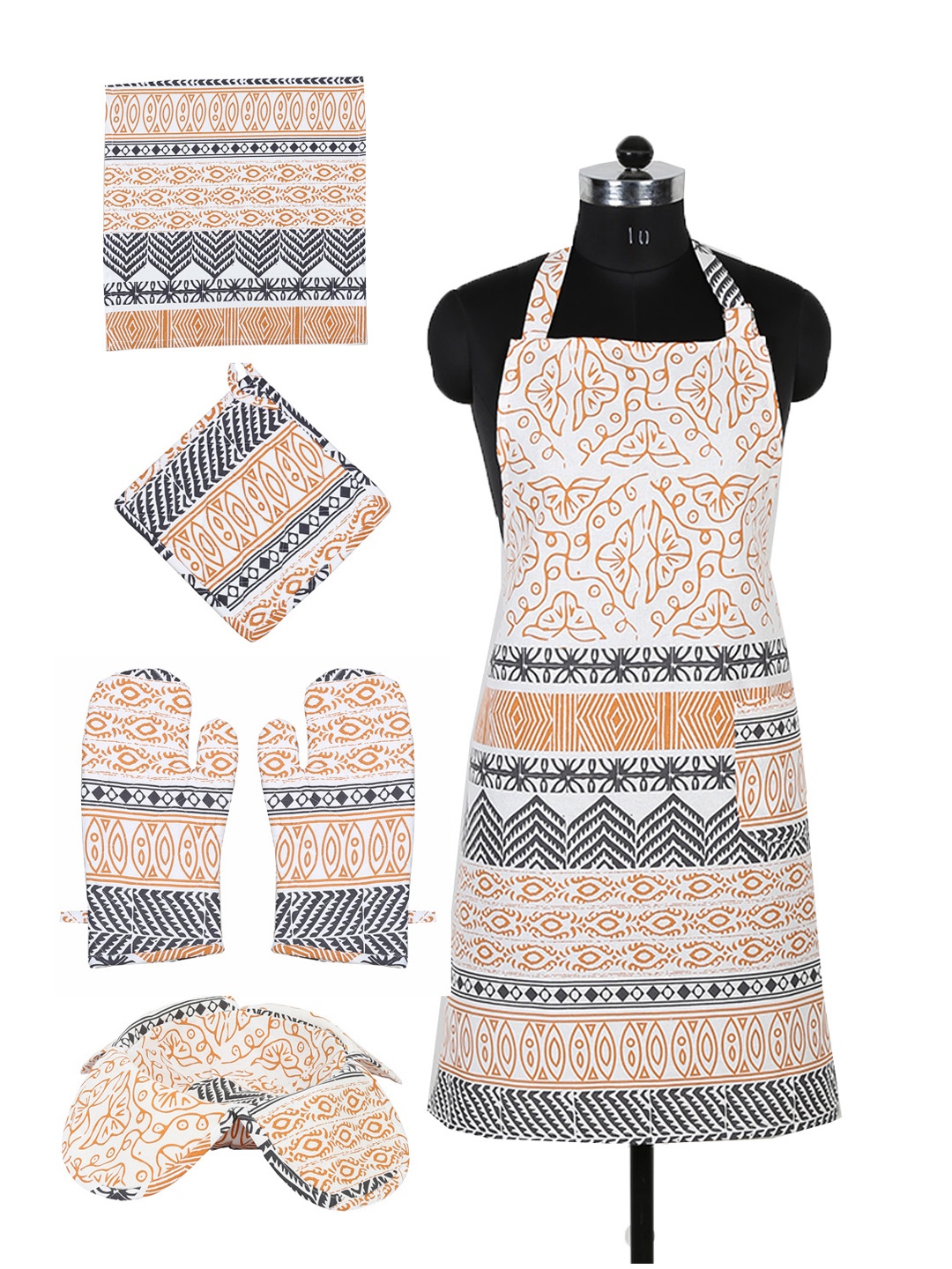 

House This Unisex Set of 6 White & Orange Printed Cotton Kitchen Linen Set