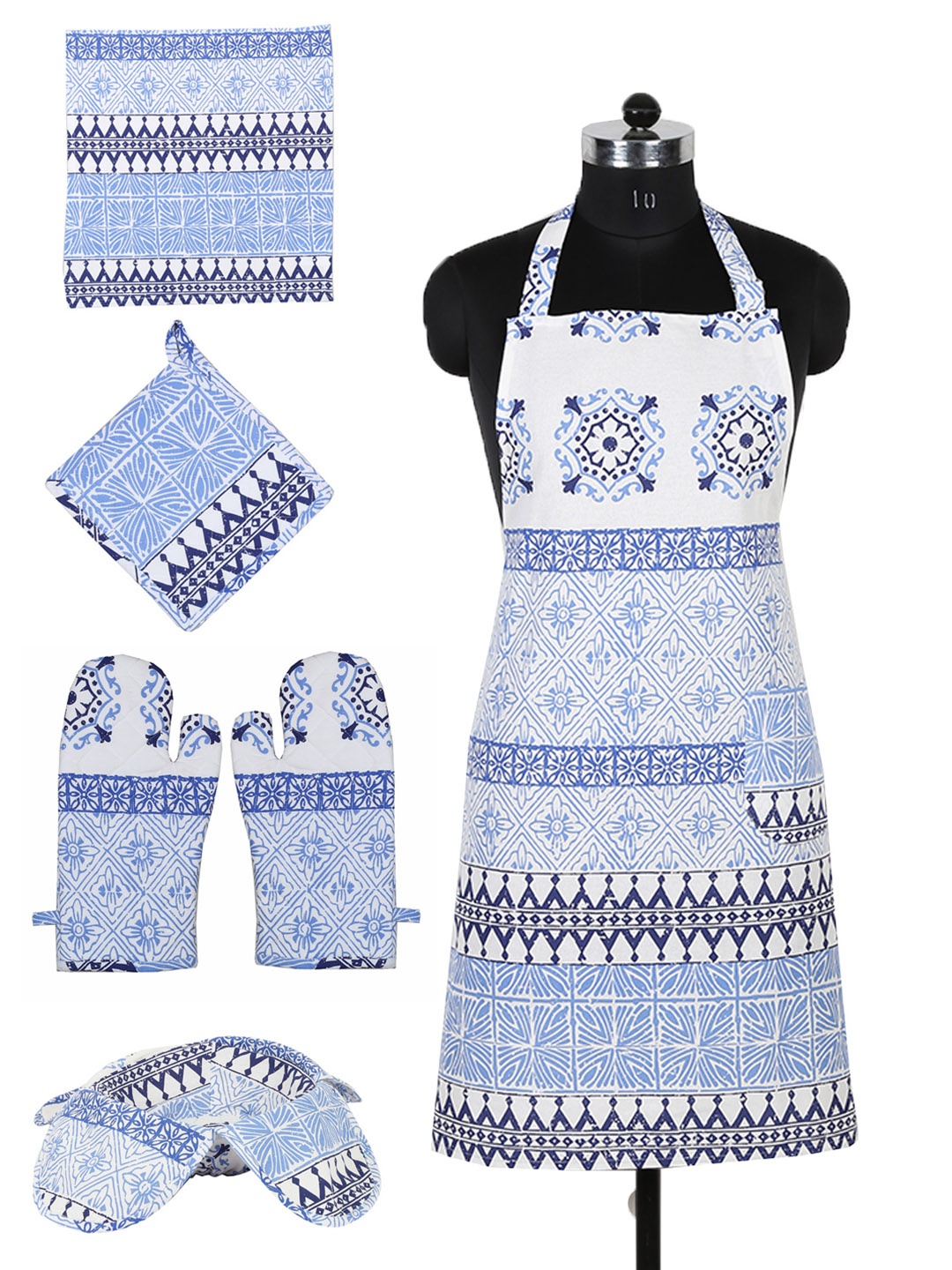 

House This Unisex Set of 6 Blue & White Printed Cotton Kitchen Linen Set