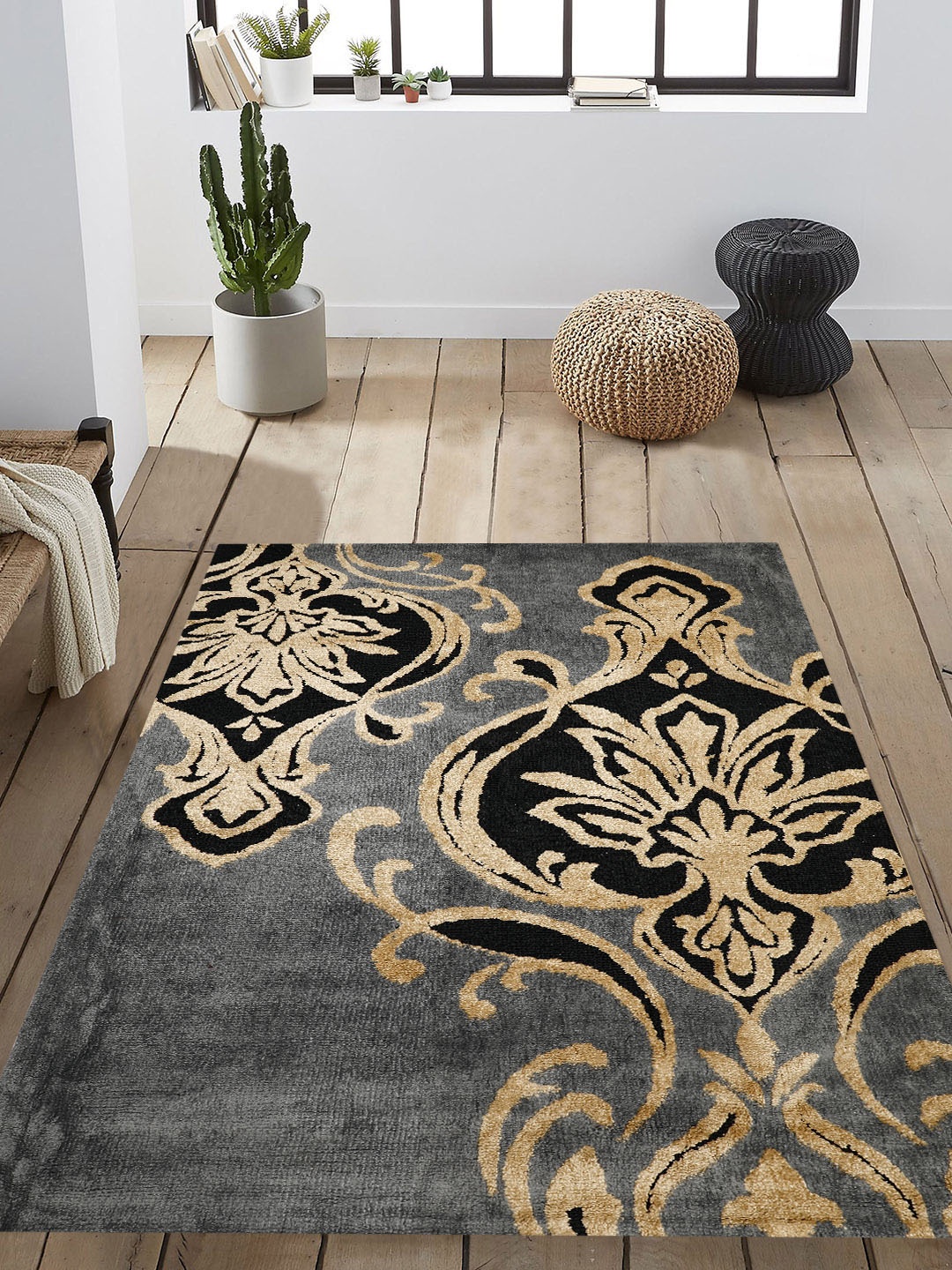 

PRESTO Grey & Beige Printed Anti-Skid Shaggy Carpet