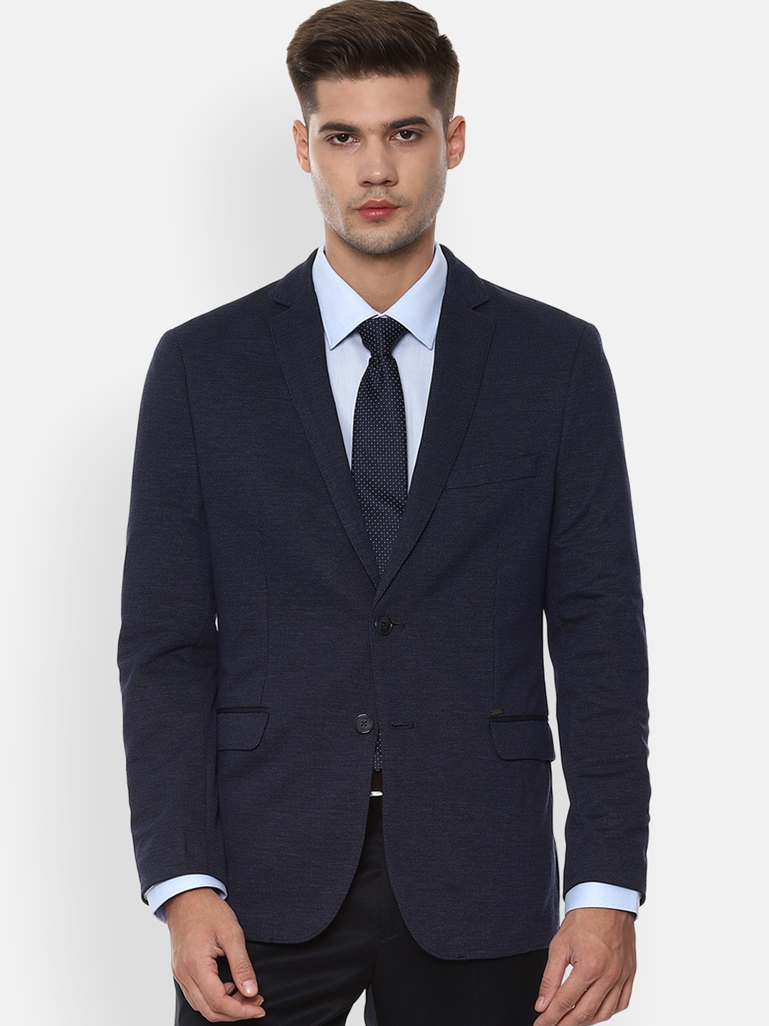 

Van Heusen Men Navy Blue Self-Design Slim-Fit Single-Breasted Blazer