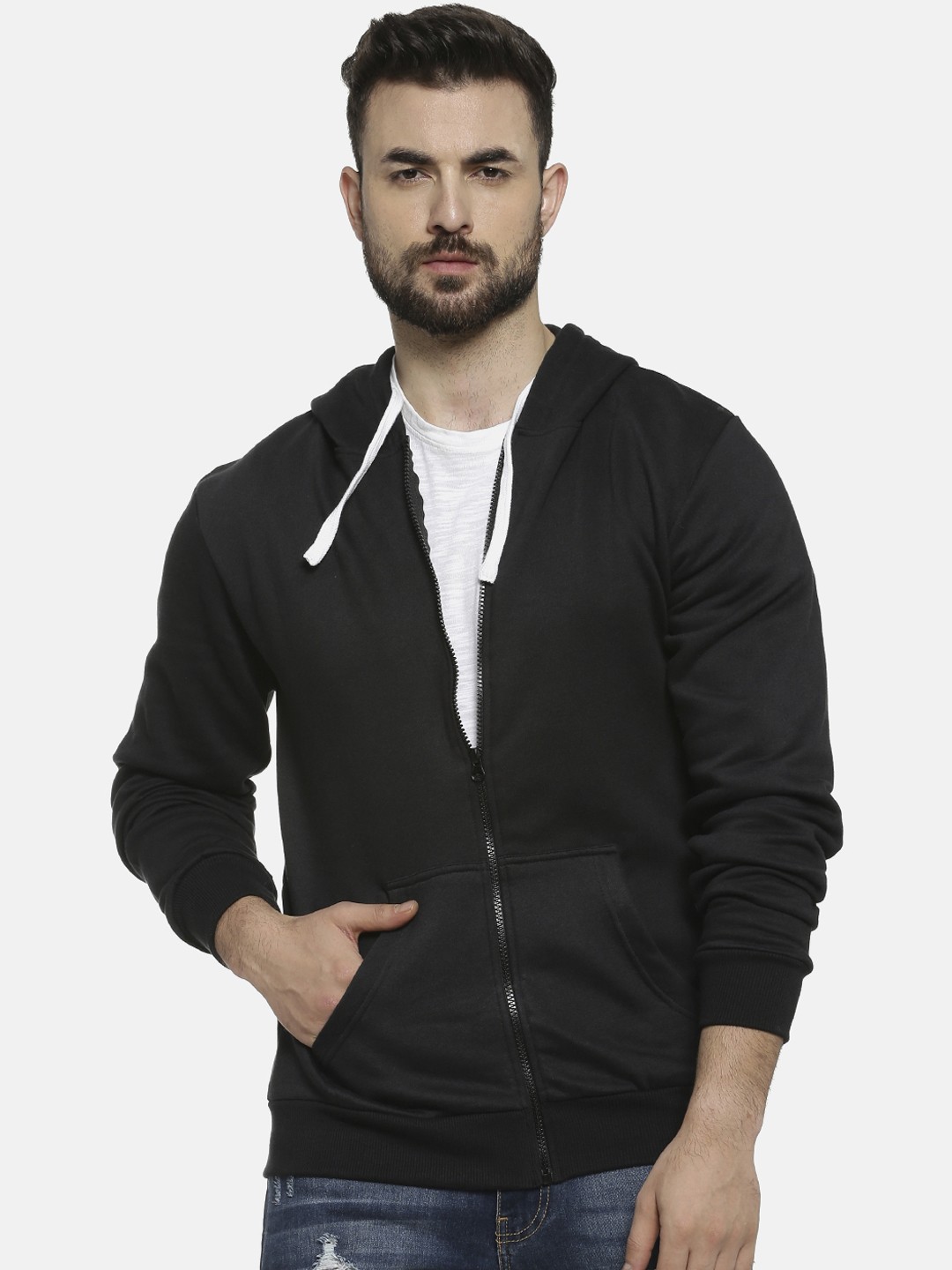 

Campus Sutra Men Black Solid Hooded Sweatshirt