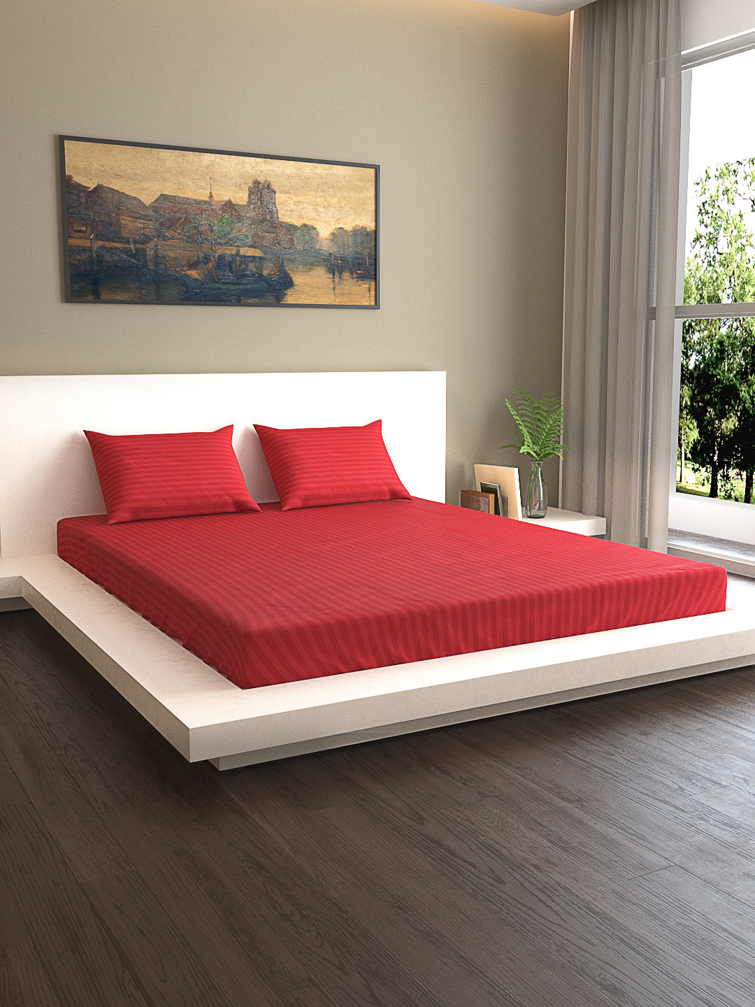 

MARK HOME Maroon Striped 210 TC Cotton 1 Queen Bedsheet with 2 Pillow Covers