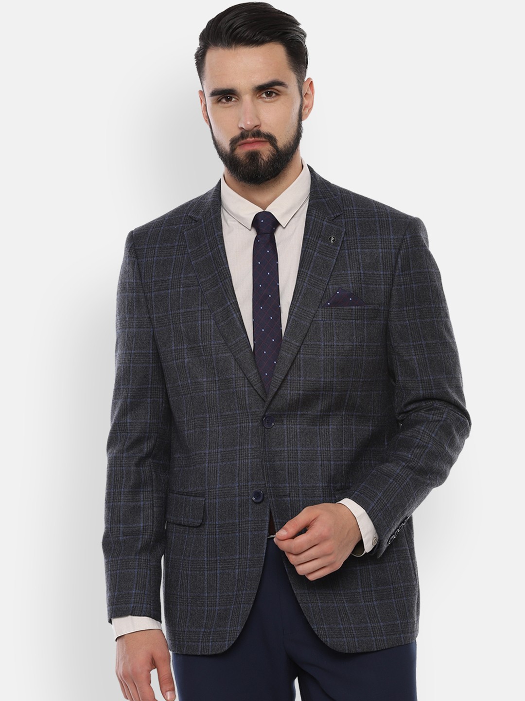 

Van Heusen Men Grey Checked Slim-Fit Single-Breasted Pure Wool Blazer