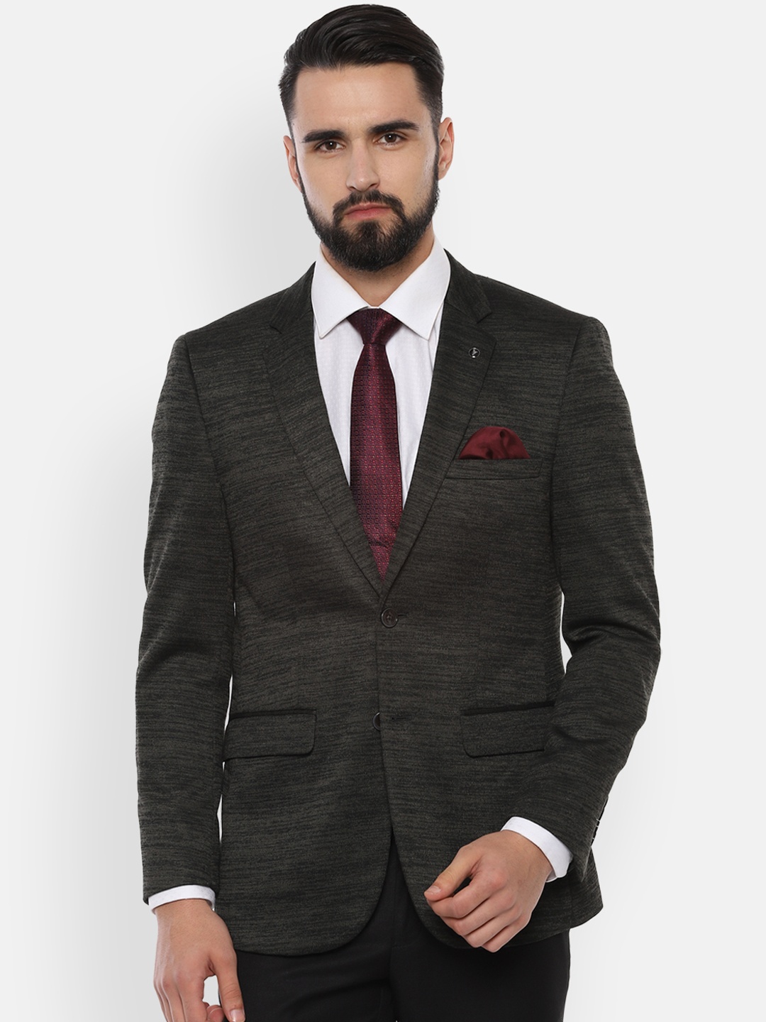 

Van Heusen Men Olive Self-Design Slim-Fit Single-Breasted Blazer