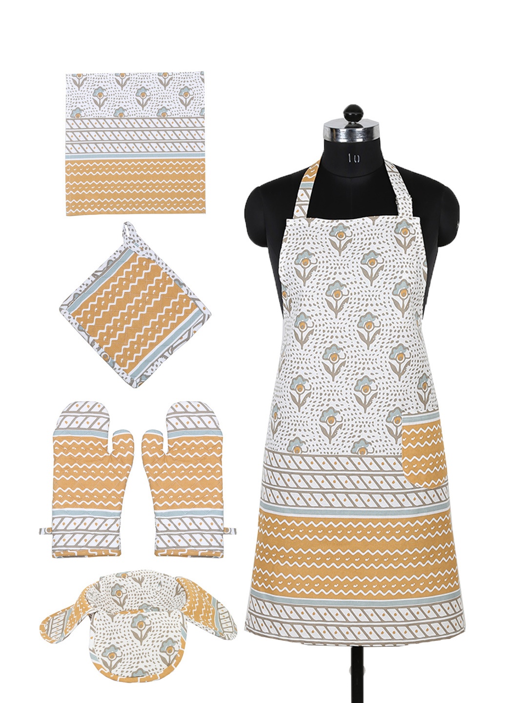 

House This Unisex Set of 6 White & Orange Printed Cotton Kitchen Linen Set
