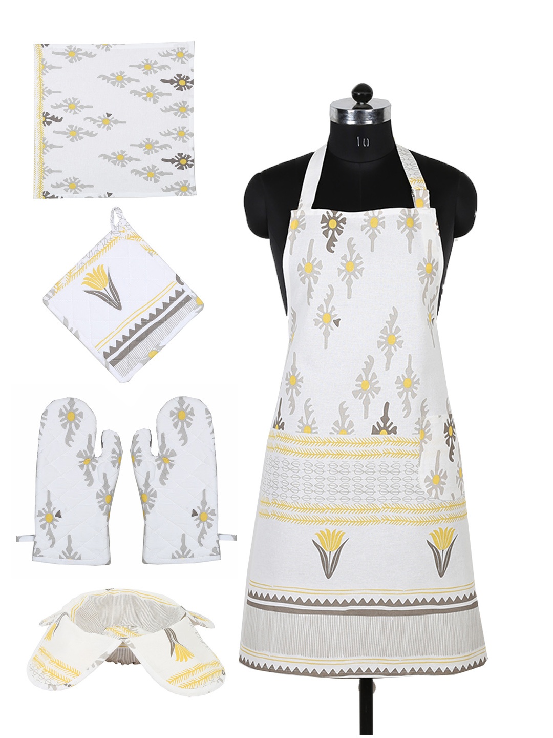 

House This Unisex Set of 6 White & Grey Printed Cotton Kitchen Linen Set