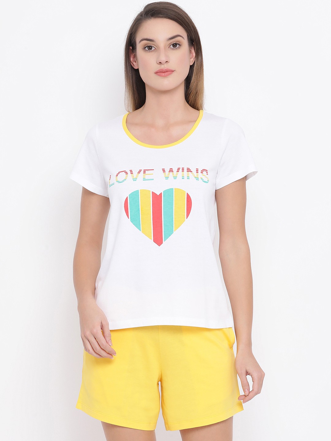 

Clovia Cotton Rich Heart Print Top & Shorts Set, White