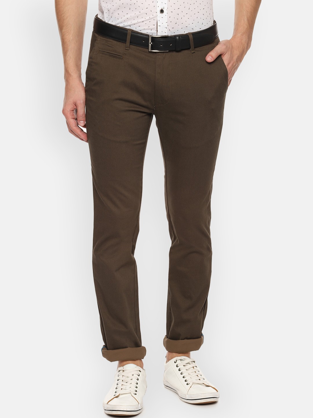 

V Dot Men Brown Slim Fit Self Design Regular Trousers