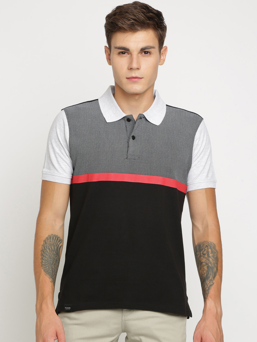 

Crocodile Men Black & White Colourblocked Polo Collar T-shirt