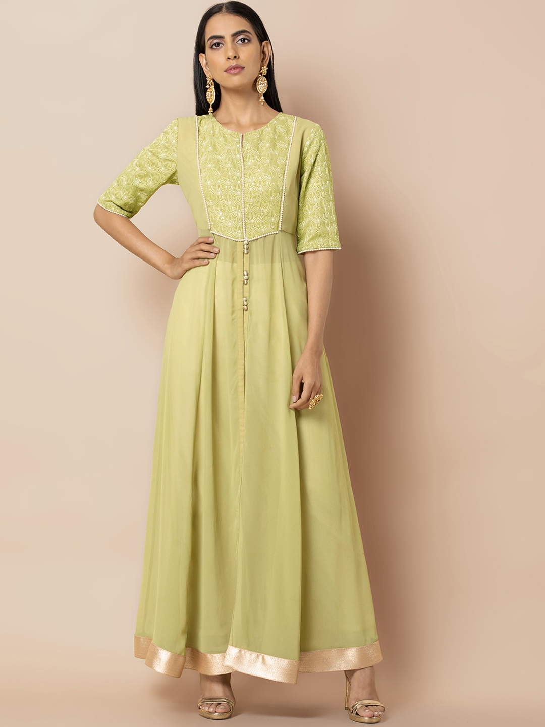 INDYA Women Green Yoke Design Anarkali Kurta