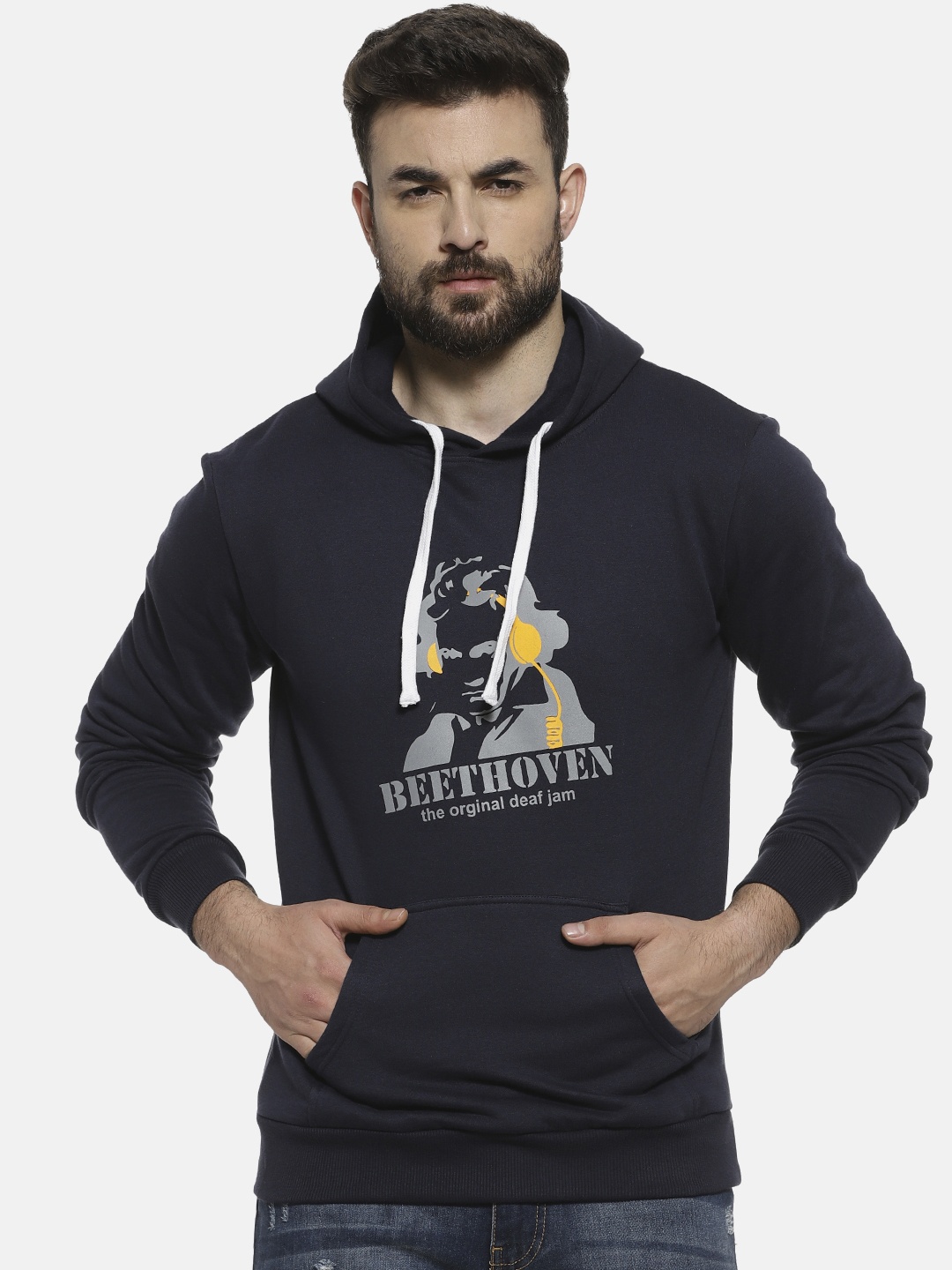 

Campus Sutra Men Navy Blue Printed Hooded Sweatshirt