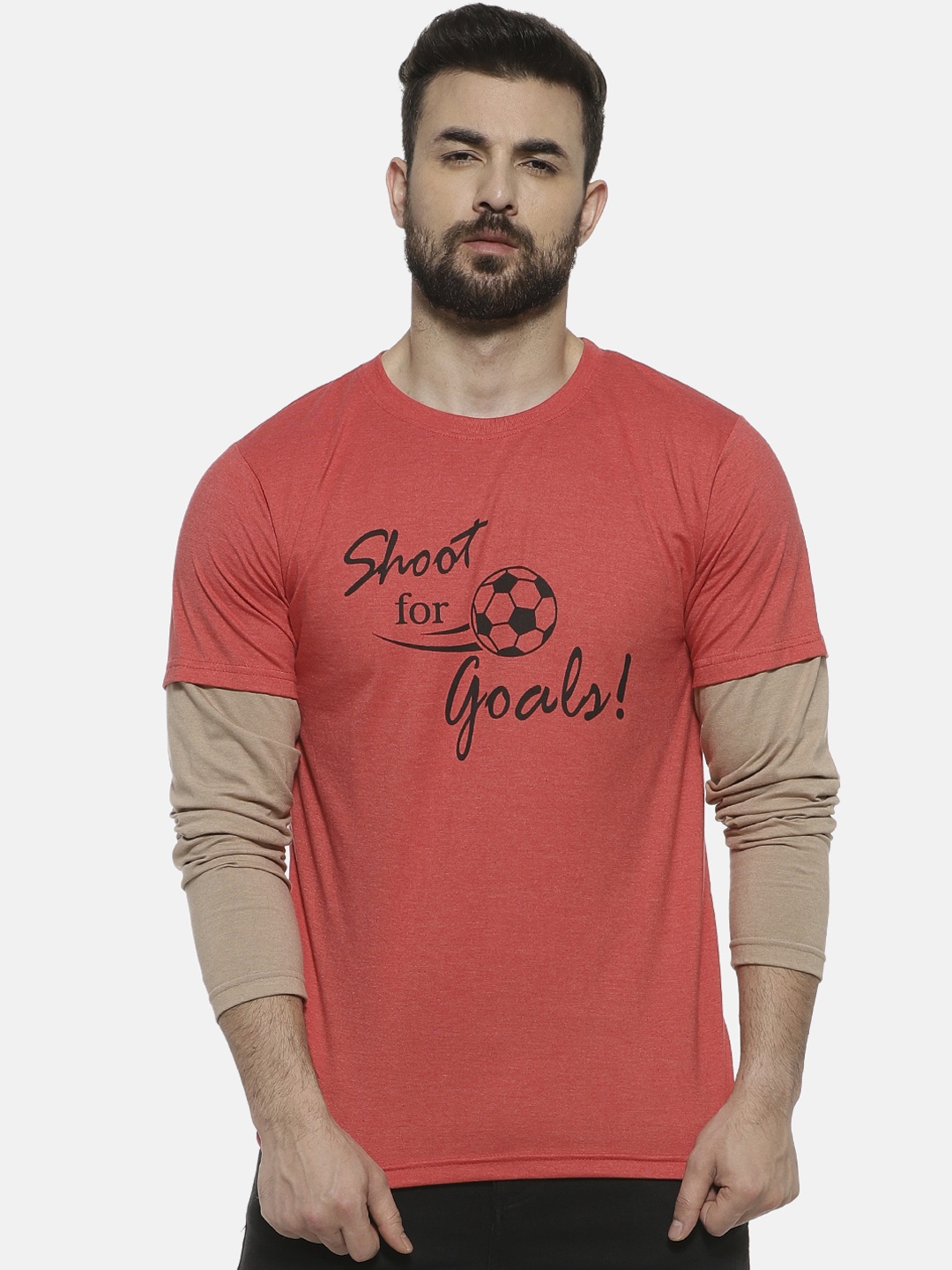 

Campus Sutra Men Coral Pink & Beige Printed Round Neck T-shirt