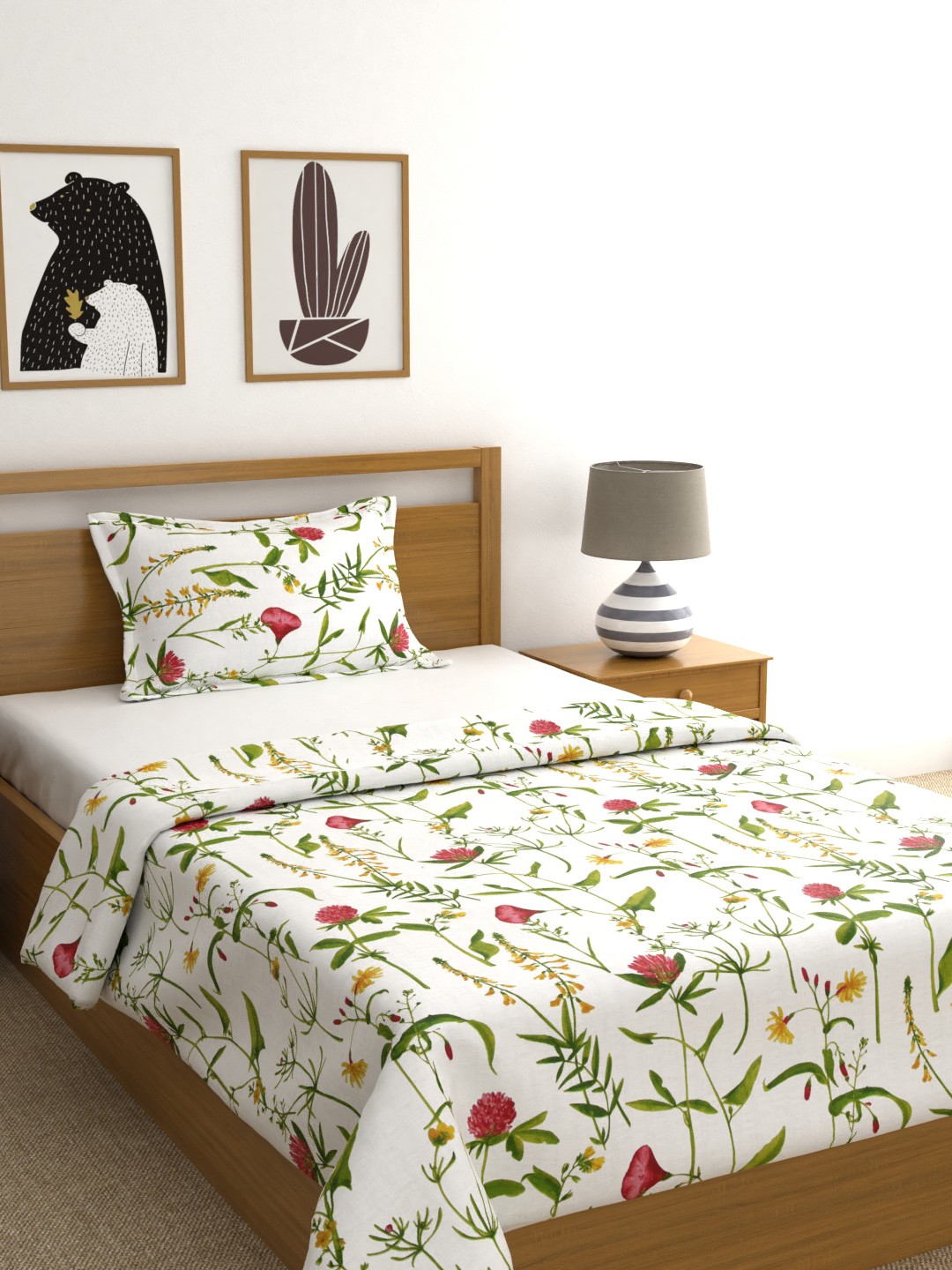 

PIZUNA LINENS Off-White & Red Floral Summer 210 GSM Single Bed Dohar With Pillow Cover