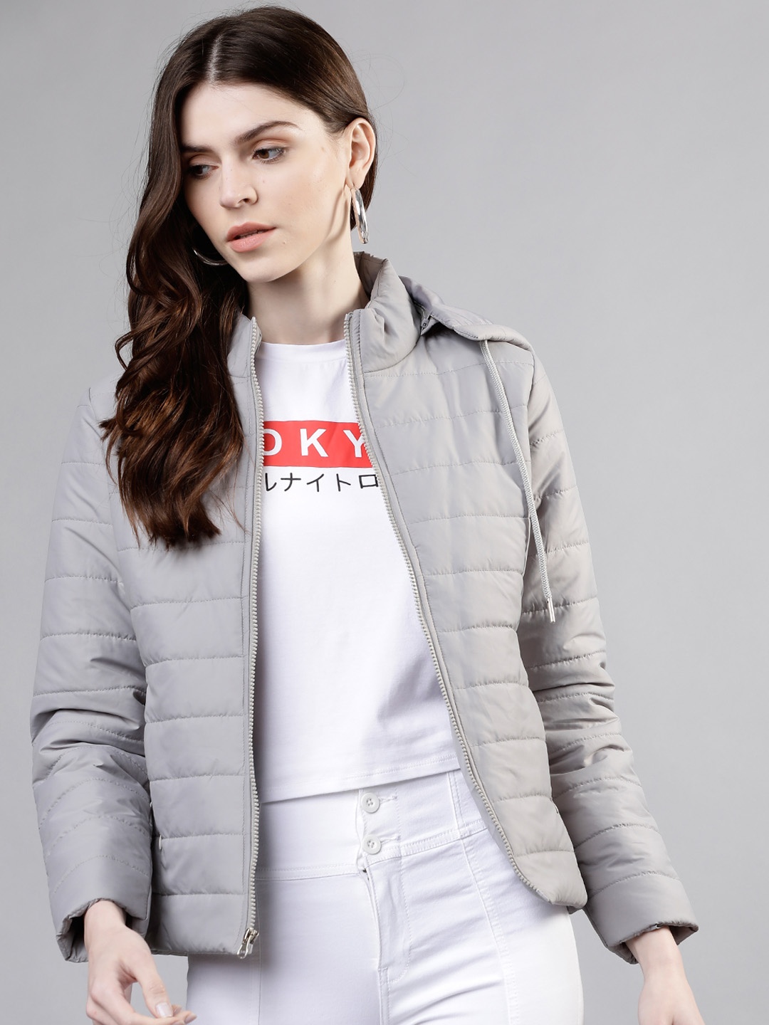 

Tokyo Talkies Women Grey Solid Padded Jacket