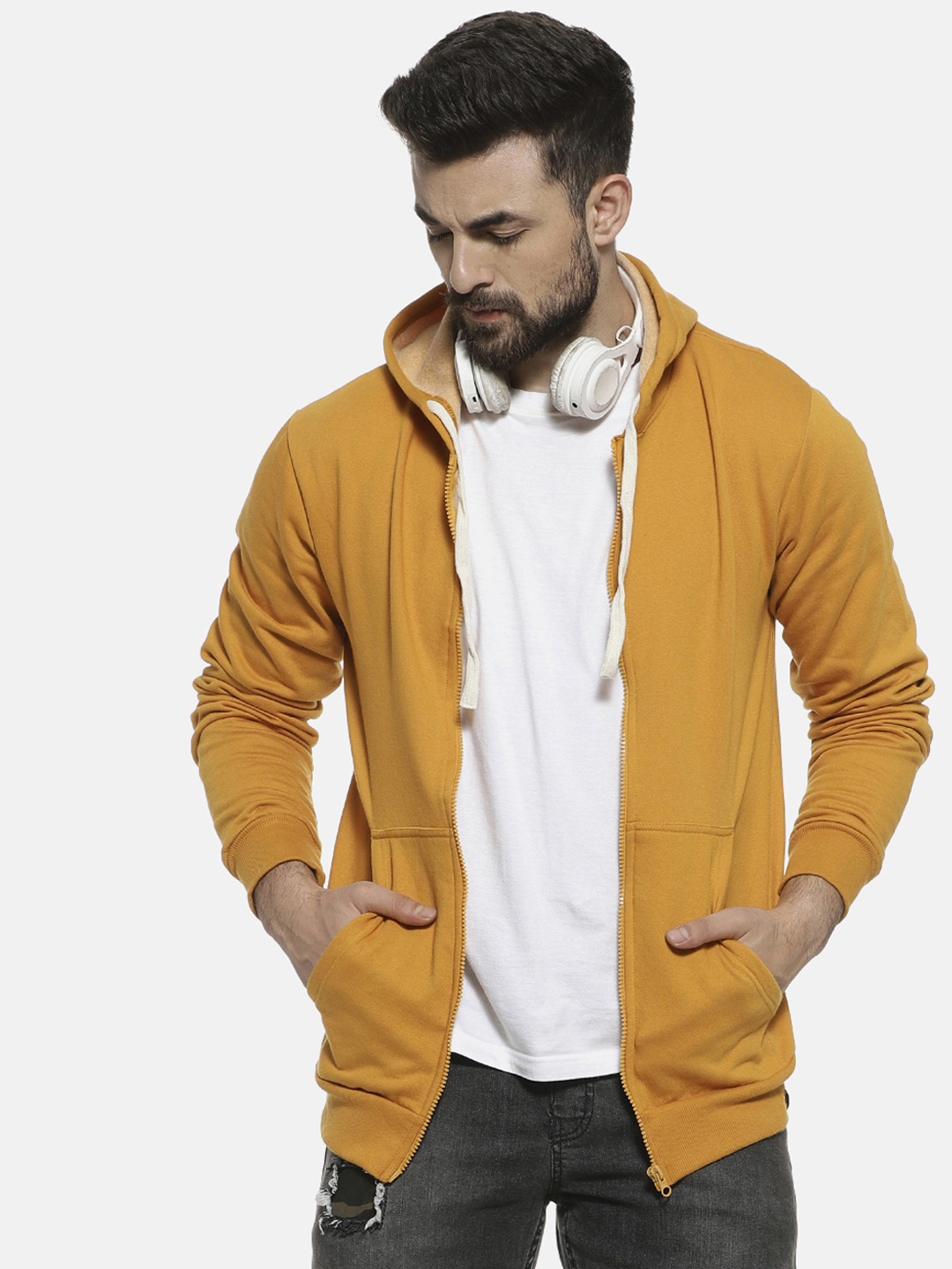 

Campus Sutra Men Yellow Solid Hooded Sweatshirt