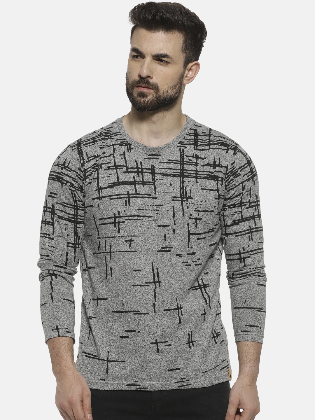 

Campus Sutra Men Grey & Black Printed Round Neck T-shirt