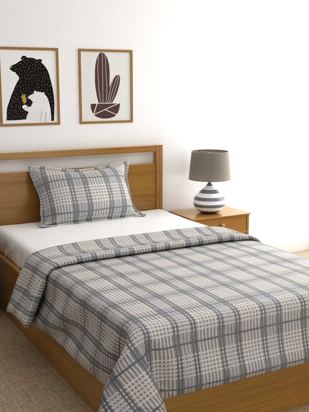 

PIZUNA LINENS Beige & Grey Checked Summer 210 GSM Single Bed Dohar With Pillow Cover