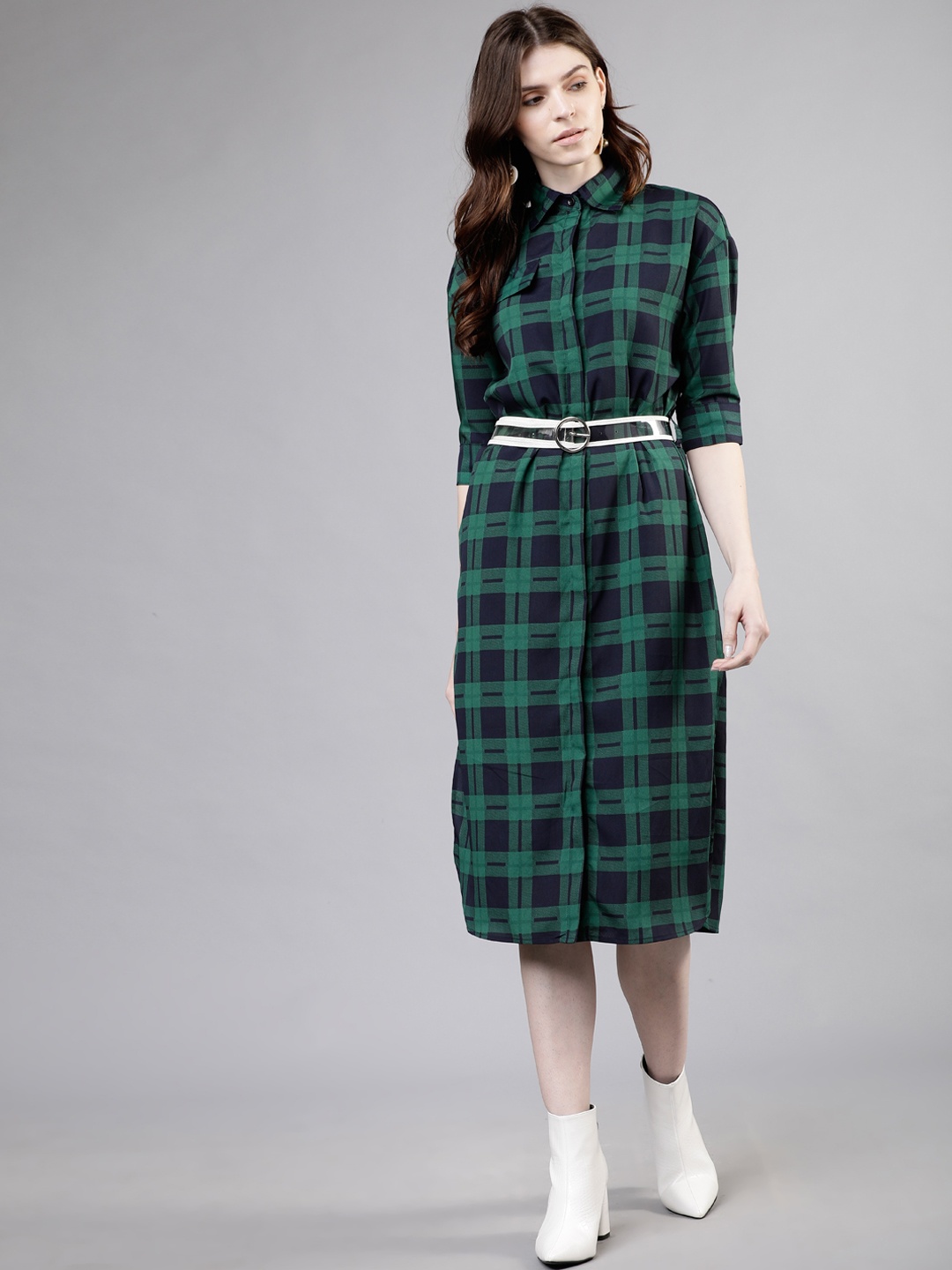 

Tokyo Talkies Women Navy Blue & Green Checked Shirt Dress