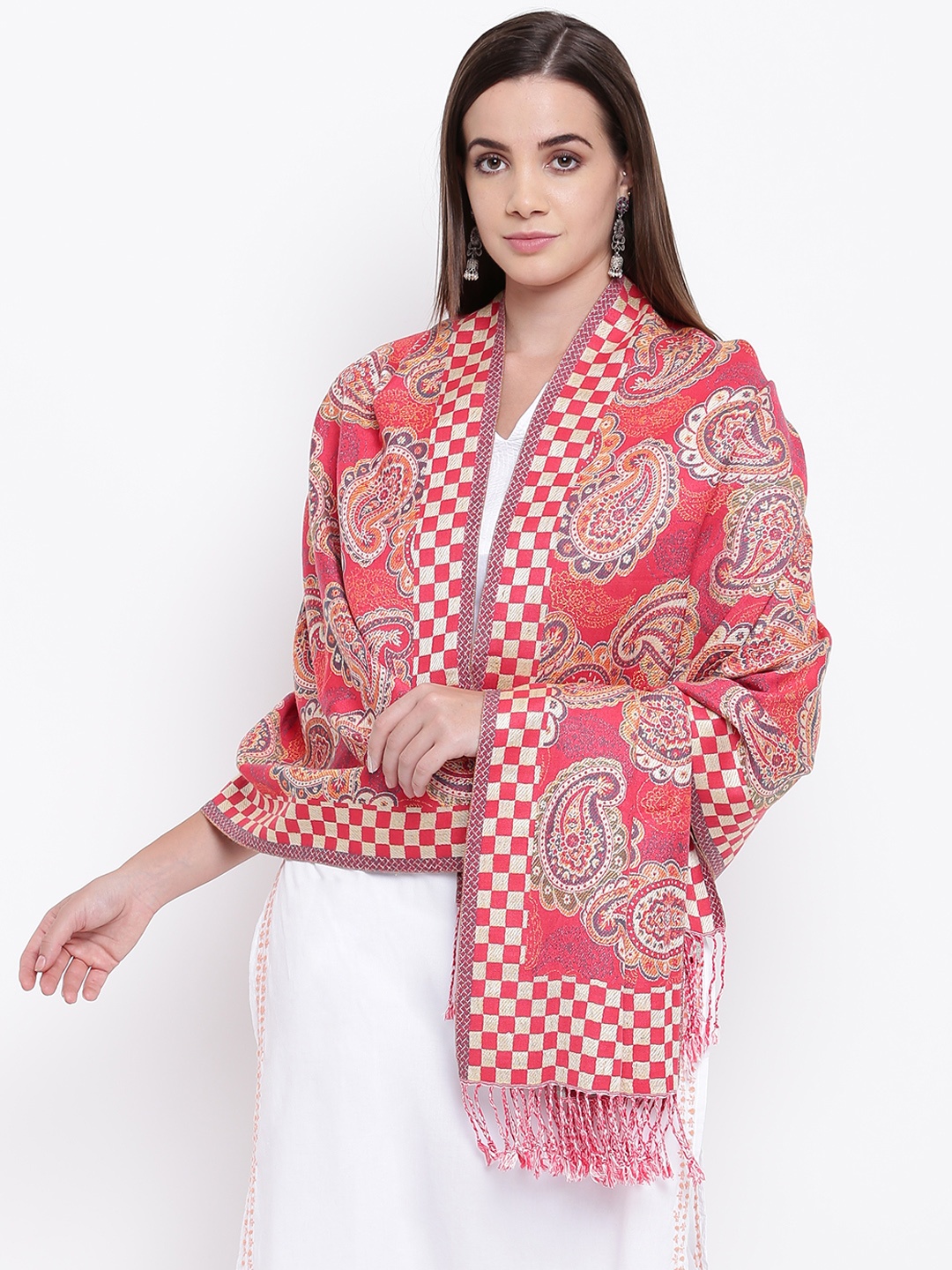 

HK colours of fashion Women Coral Pink & Beige Woven Design Stole
