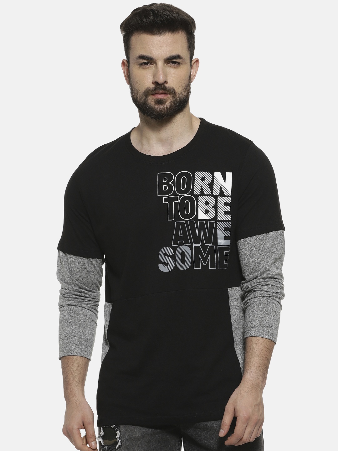 

Campus Sutra Men Black & Grey Printed Round Neck T-shirt