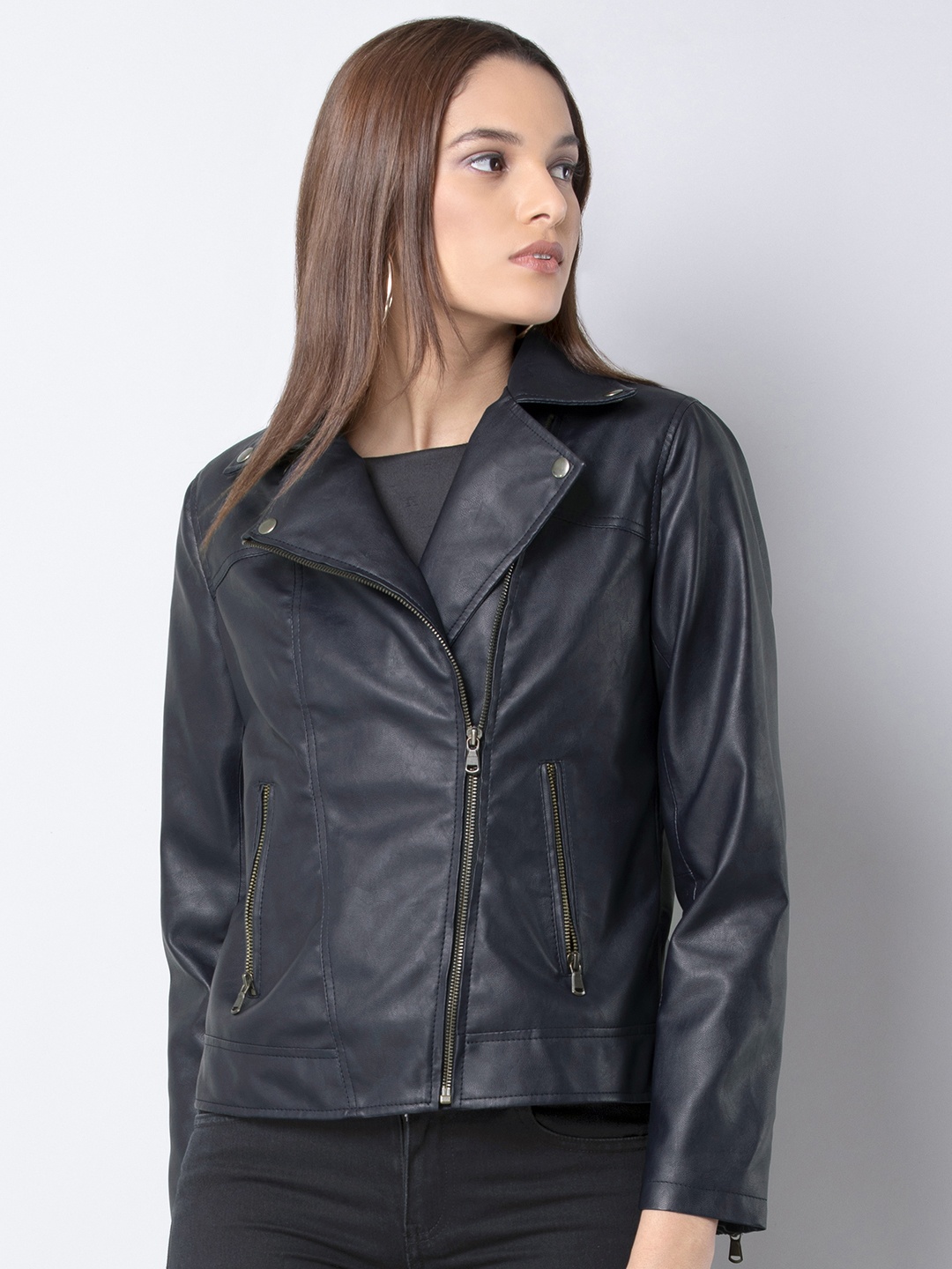 

FabAlley Women Navy Blue Solid Biker Jacket