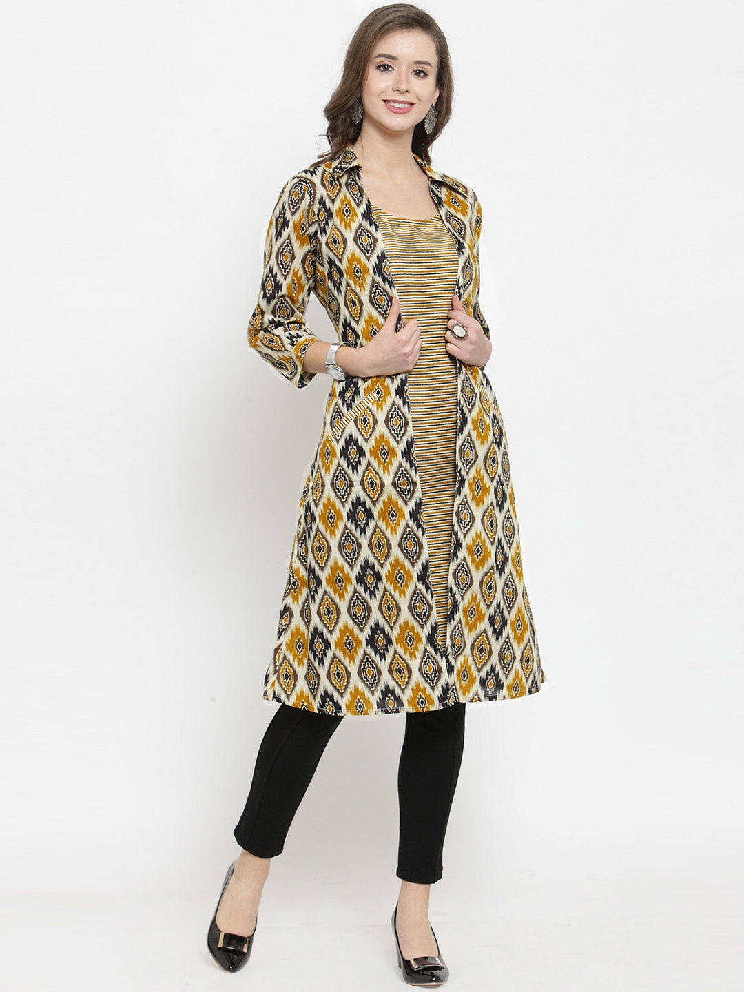 

Get Glamr Women Brown & Mustard Yellow Layered Ikat Printed Straight Kurta