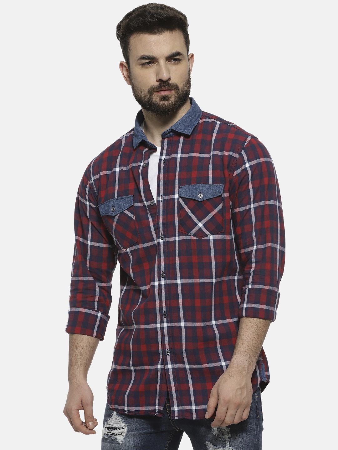 

Campus Sutra Men Maroon & Navy Blue Regular Fit Checked Casual Shirt