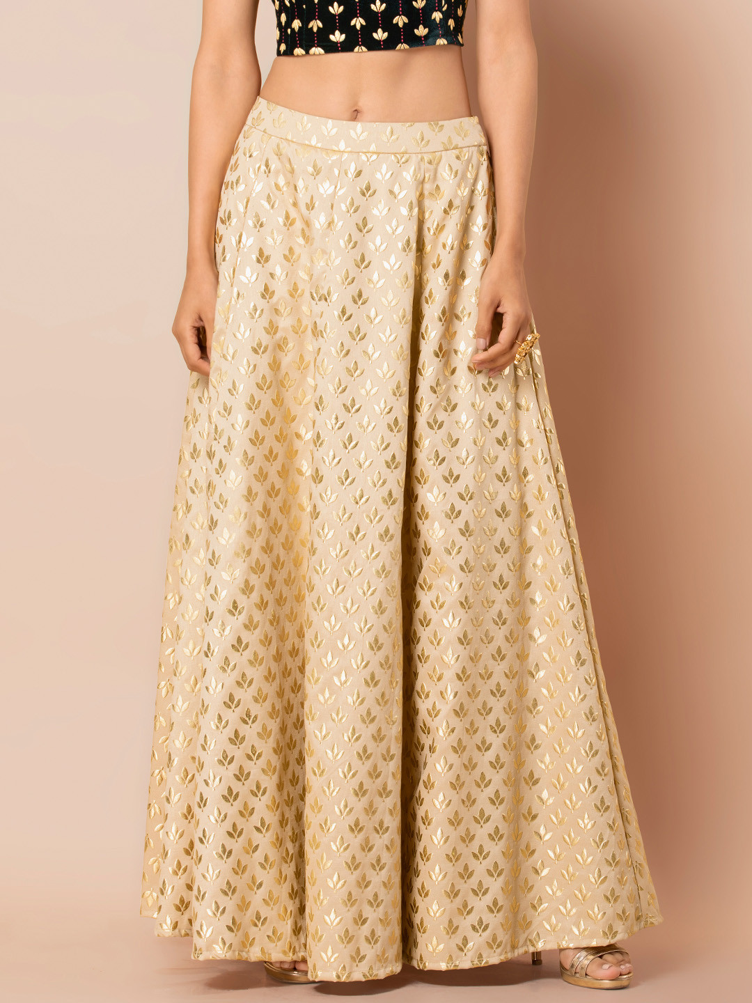 

INDYA Women Cream & Gold-Coloured Foil Printed Flared Maxi Skirt