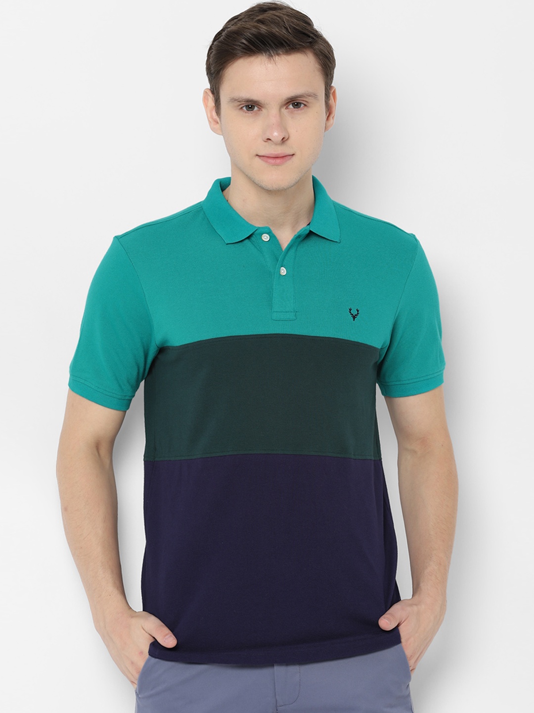 

Allen Solly Men Green Colourblocked Polo Collar Pure Cotton T-shirt