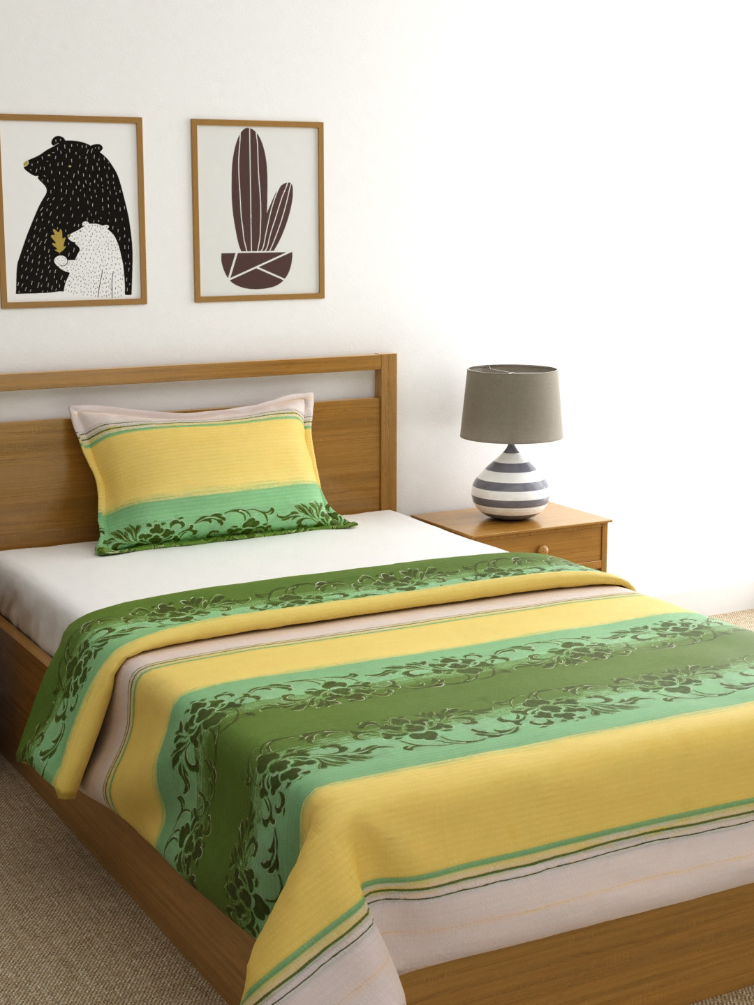 

PIZUNA LINENS Green & Yellow Floral Summer 210 GSM Single Bed Dohar With Pillow Cover