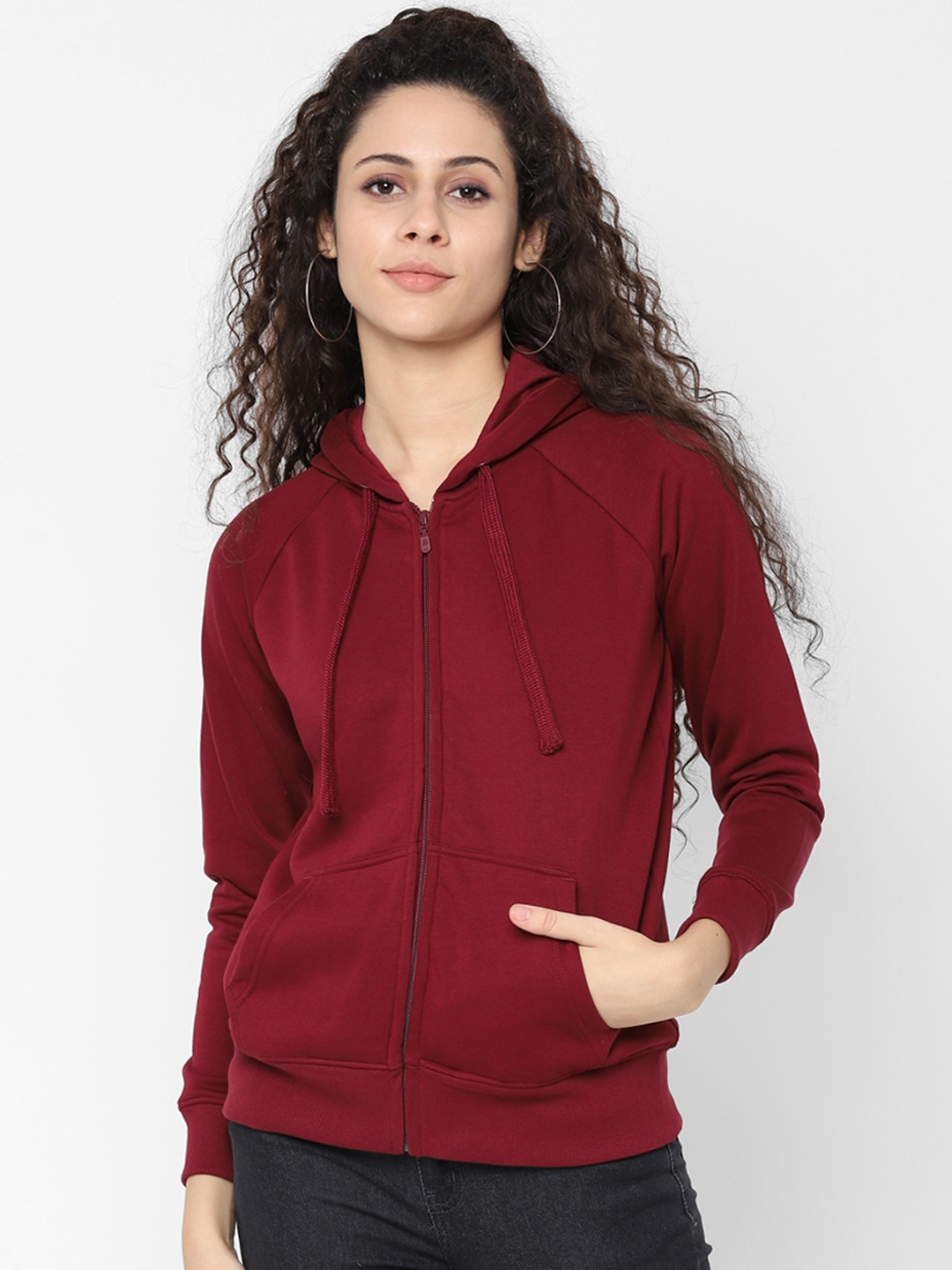 

People Women Maroon Solid Hooded Front-Open Sweatshirt