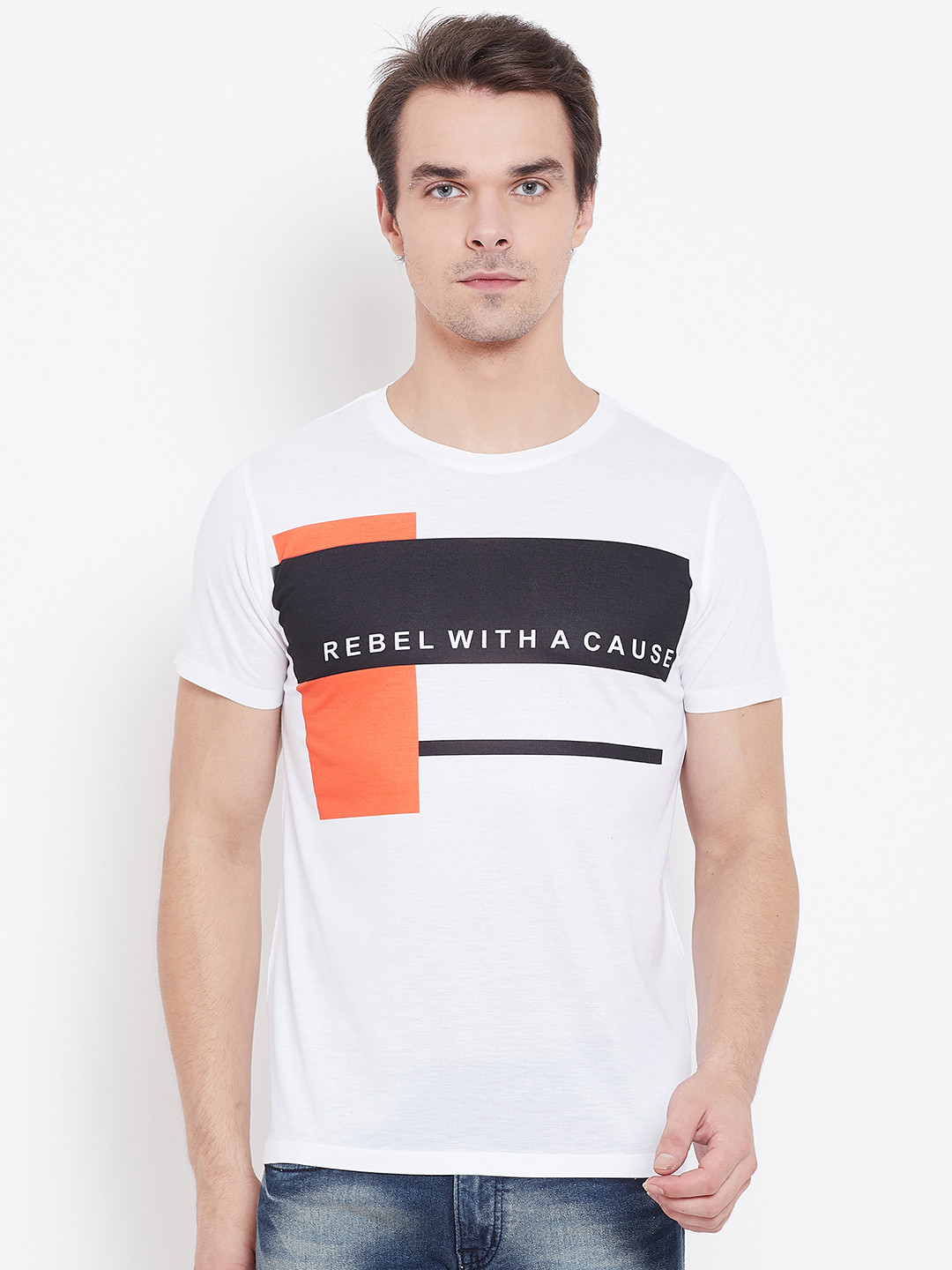 

Wear Your Mind Men White ^ Navy Blue Colourblocked Round Neck T-shirt