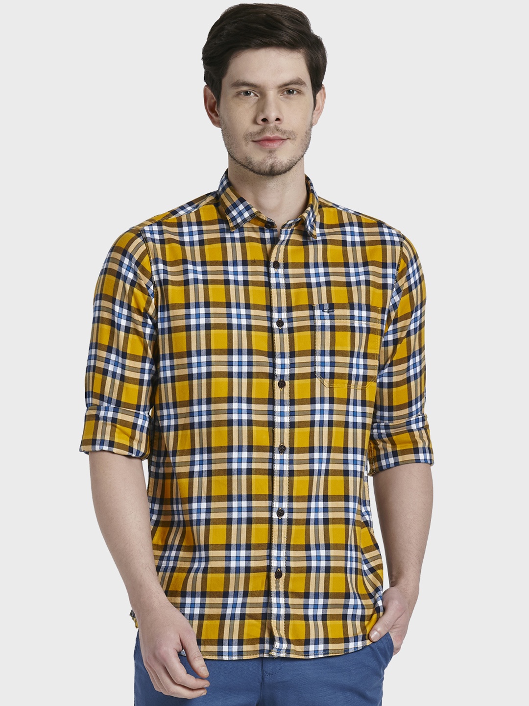 

ColorPlus Men Yellow & Blue Regular Fit Checked Casual Shirt