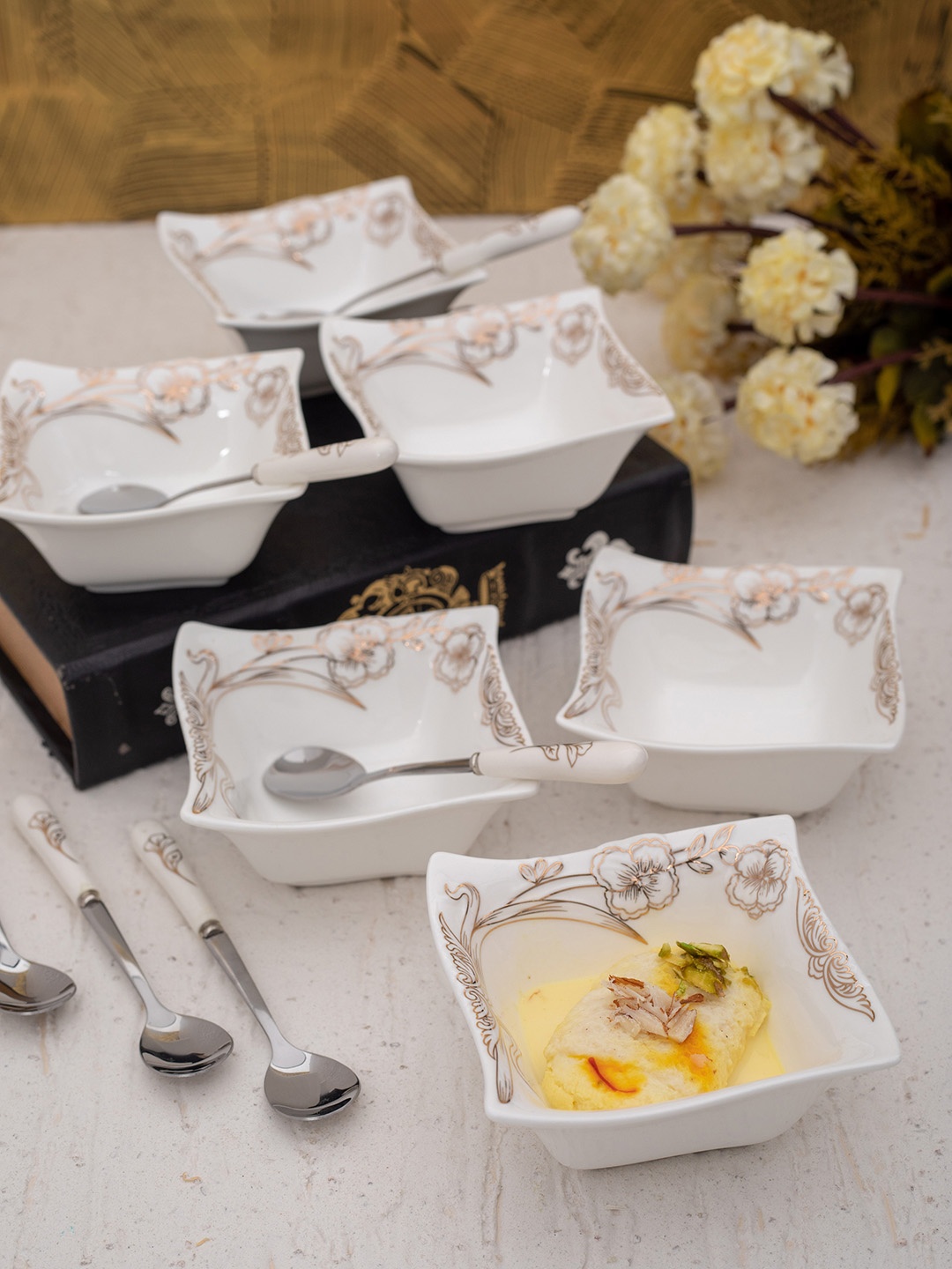 White Gold Set Of 12 Porcelain Dessert Bowls n Spoons with Real Gold Design