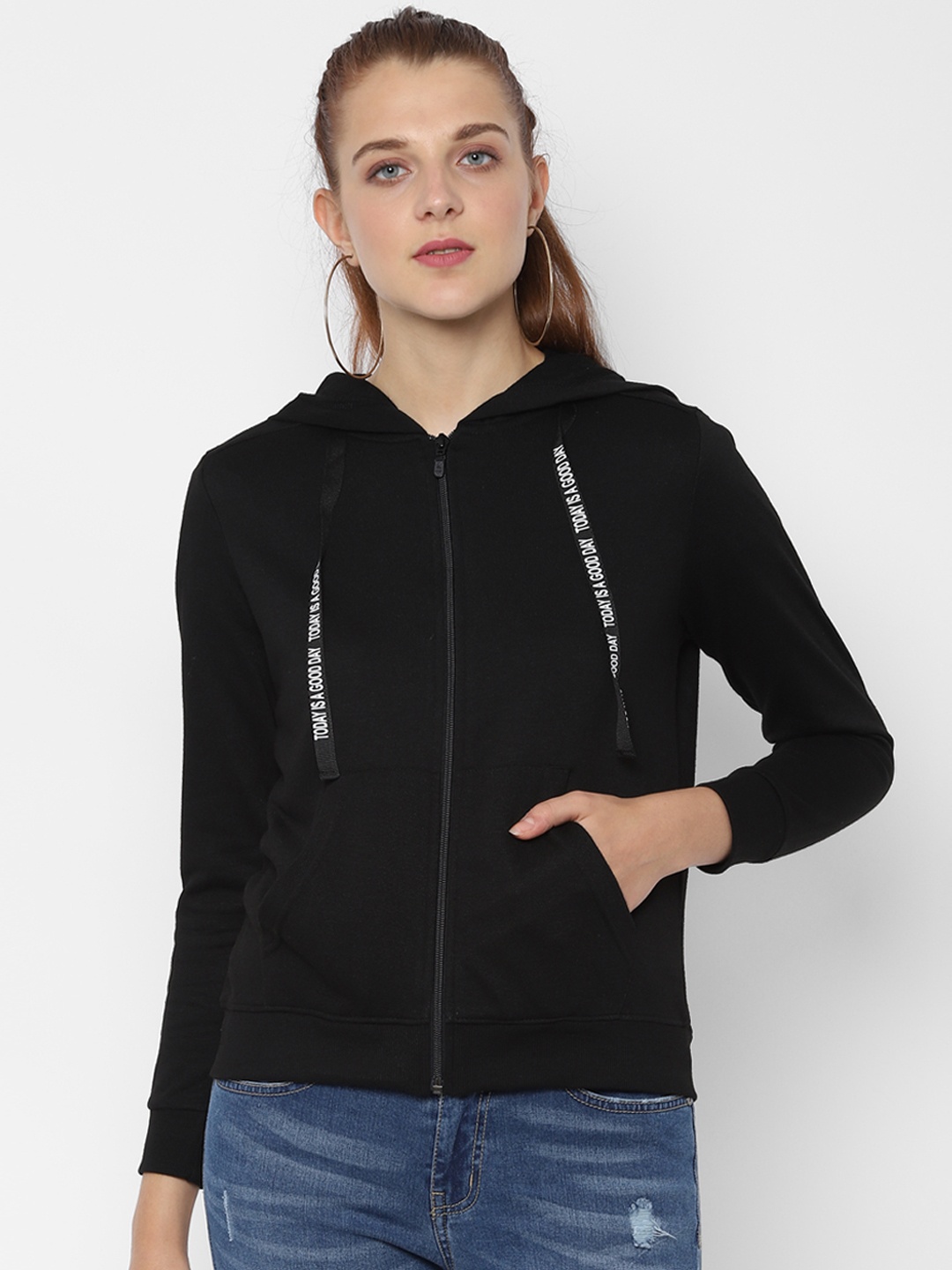 

People Women Black Solid Hooded Front-Open Sweatshirt