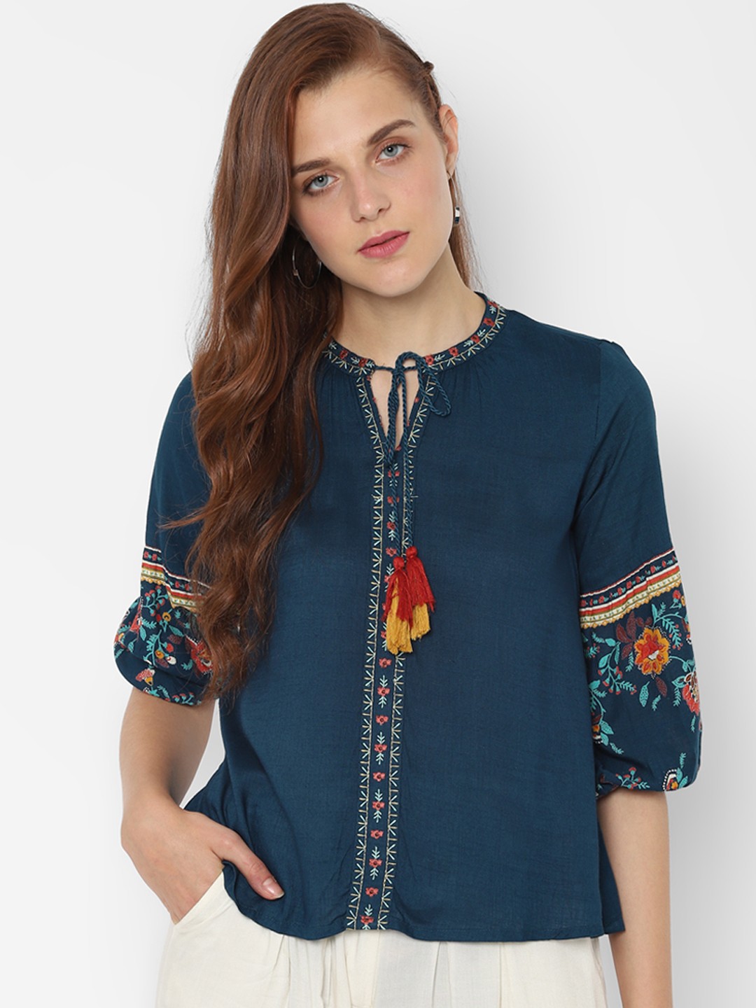 

People Women Blue Embroidered Top