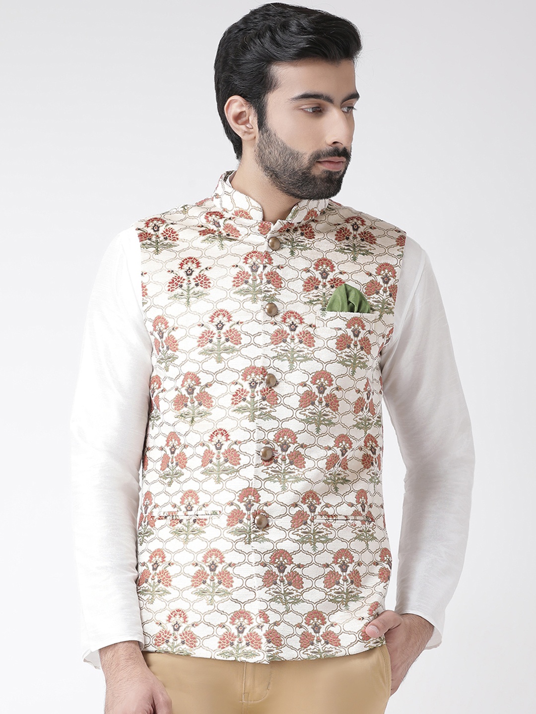 

KISAH Men Off White & Red Printed Nehru Jackets