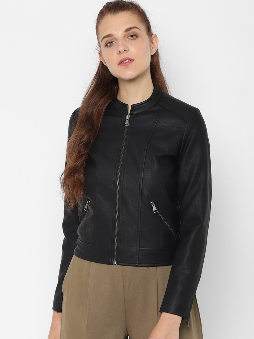 

People Women Black Solid Biker Jacket