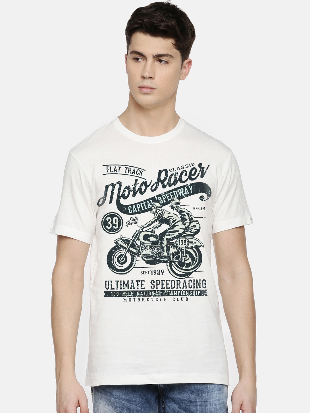 

THREADCURRY Men White Moto Racer Classic Retro Rider Biker Printed Round Neck T-shirt