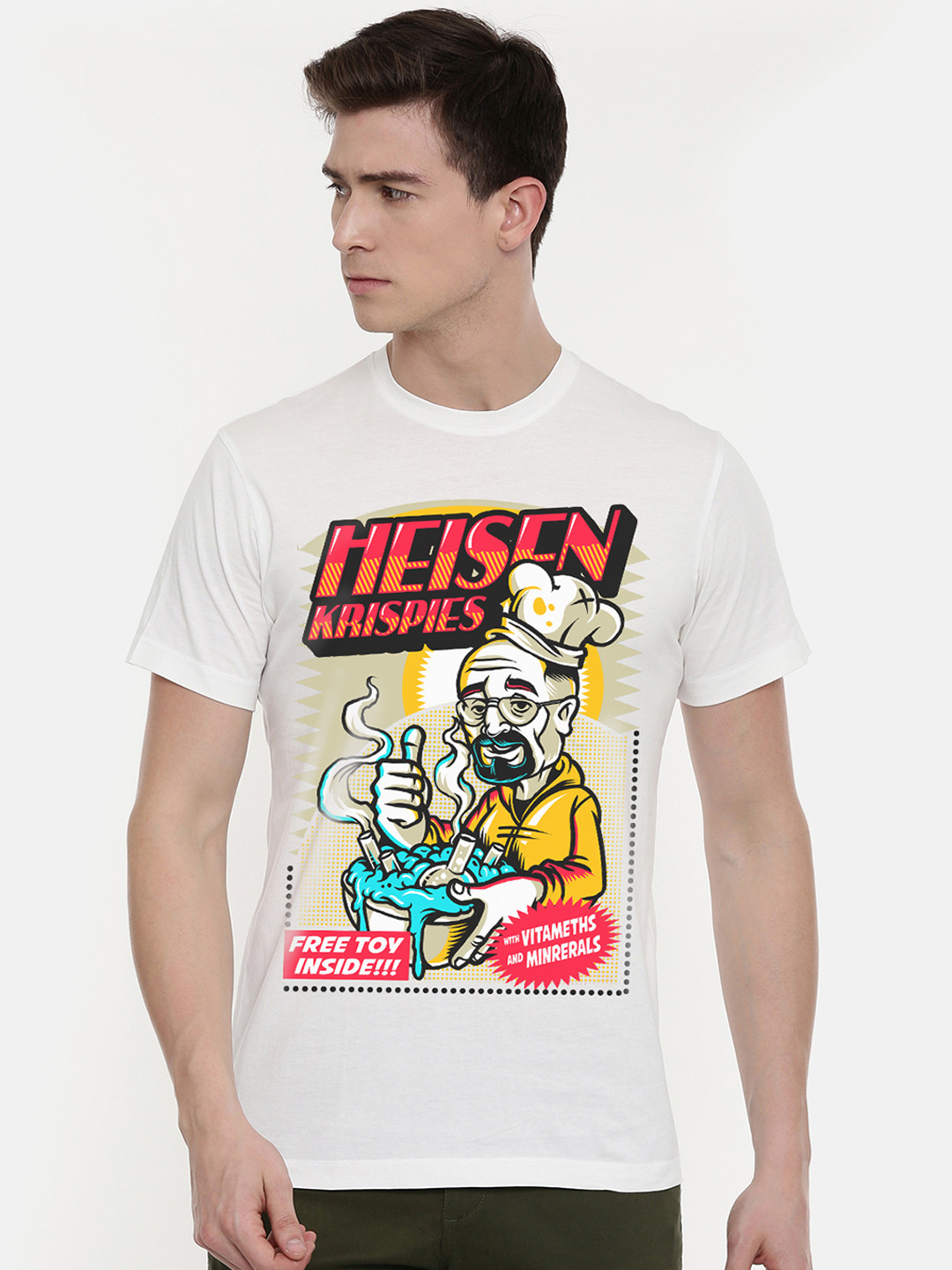 

THREADCURRY Men White Heisen Krispies Breaking Bad Walter Printed Round Neck T-shirt