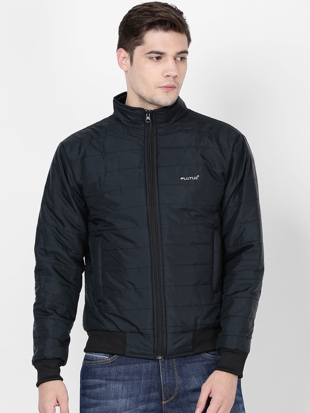 Plutus Men Black Solid Lightweight Bomber Jacket